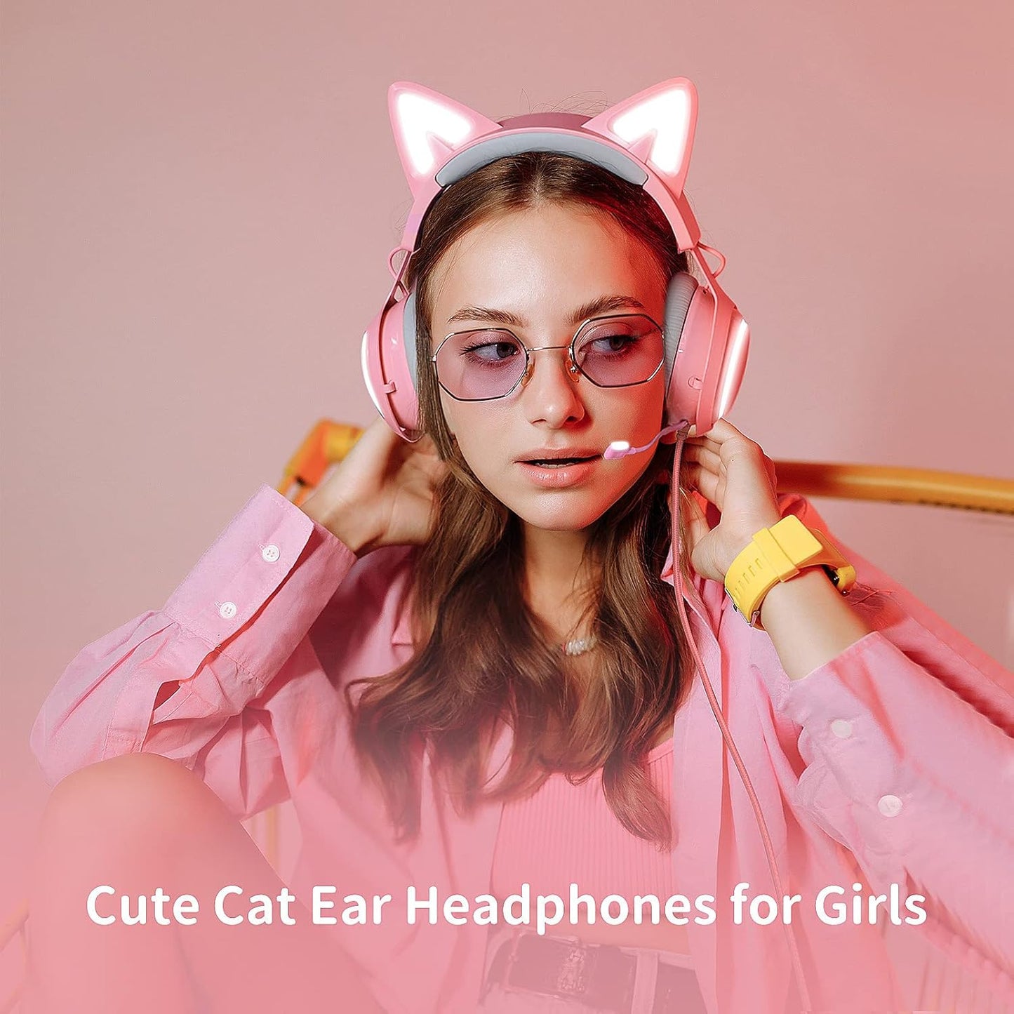 Pink Gaming Headset GS510, Wired, over Ear, Cat Ear Design with RGB Lighting, 7.1 Surround Sound, Retractable Mic, Compatible with PC, PS4, PS5