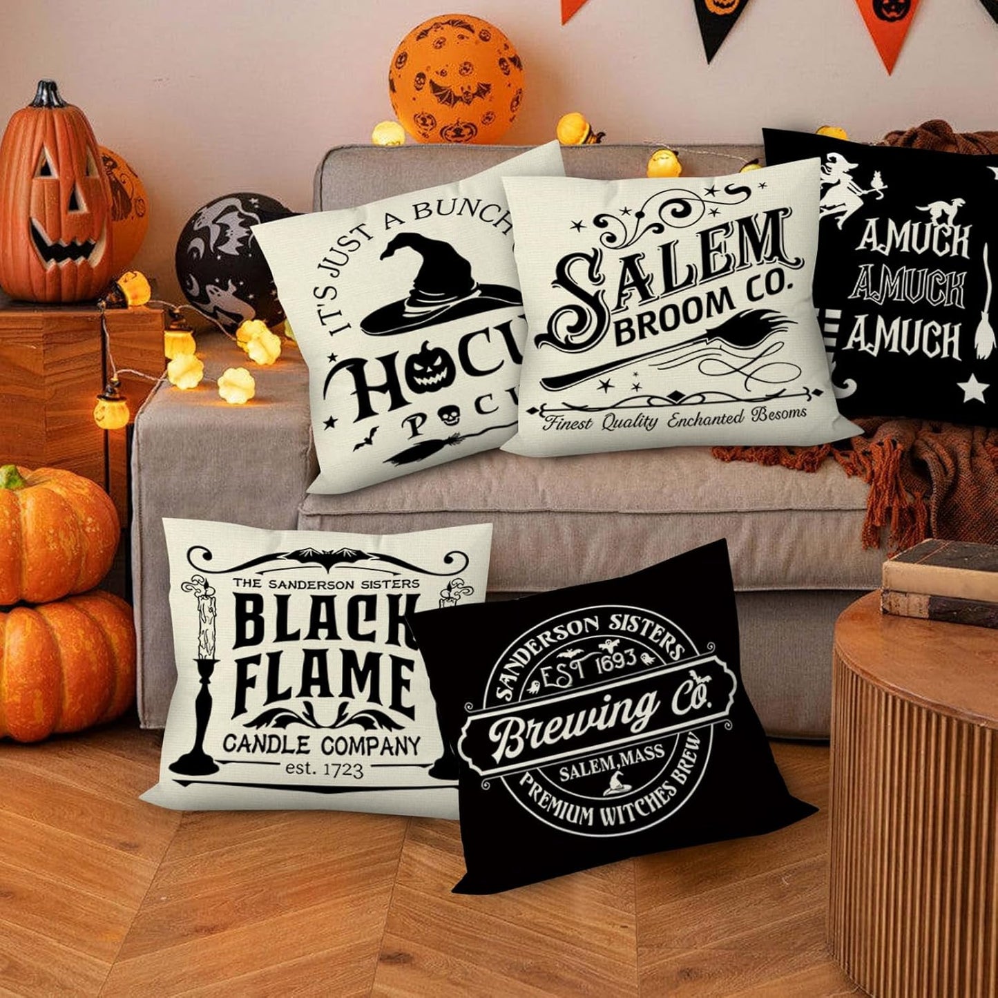 Halloween Pillow Covers 18X18 Inch Set of 6, Indoor Halloween Decorations, Black White Farmhouse Saying Throw Pillow Cover, Scary Pillowcase for Seaonal Party Couch Home Decor