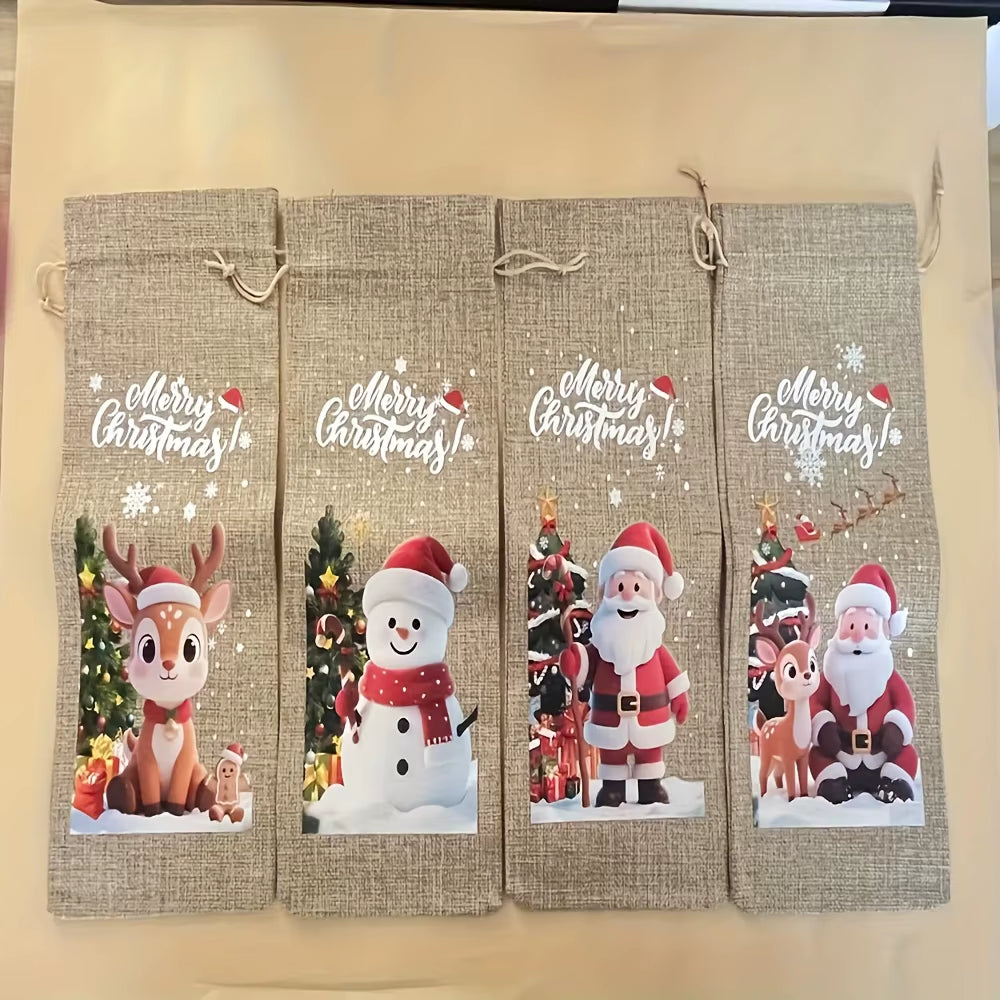 4/8Pcs Christmas Wine Bottle Bags with Drawstring Burlap Reusable Fabric Gift Bags with Blank Labels and Rope Suitable Christmas