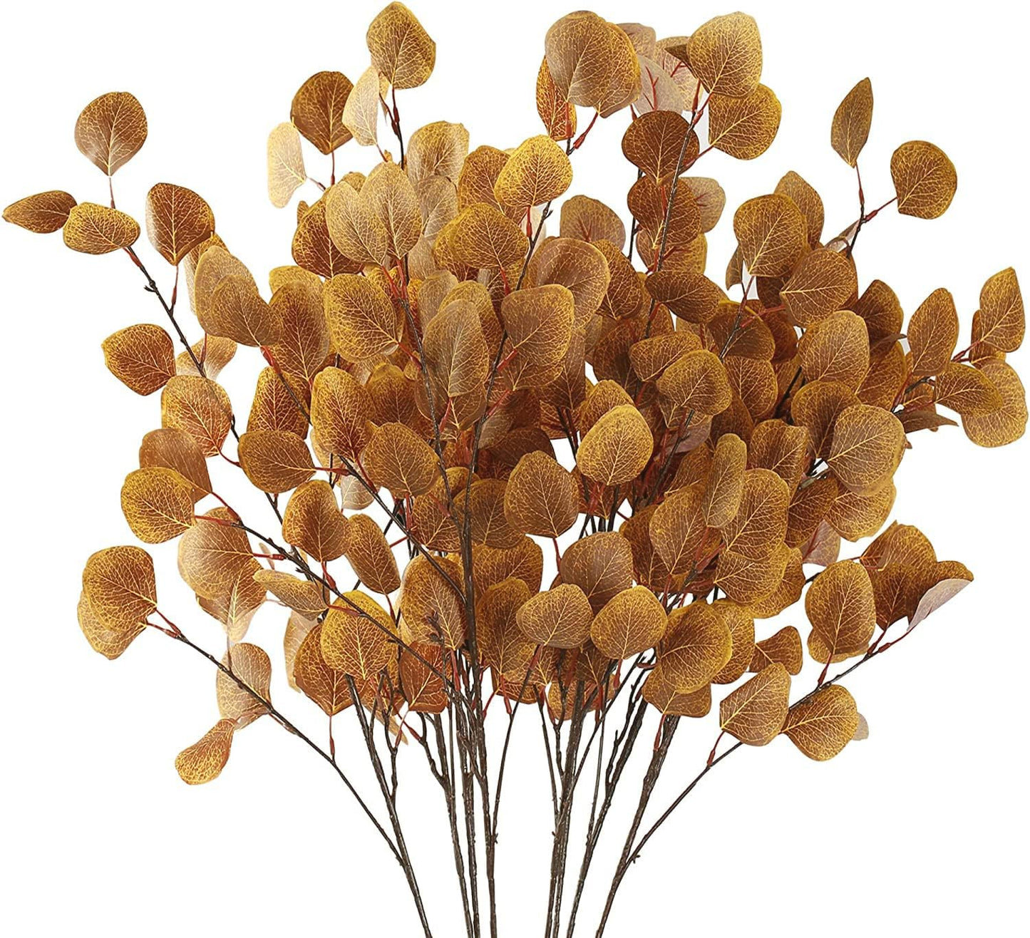 6 Pcs Fall Eucalyptus Leaves Artificial Eucalyptus Stems Long Silver Dollar Leaves Autumn Leaf Branches Fake Silk Eucalyptus for Christmas Home Autumn Thanksgiving Decor(Dark Yellow)