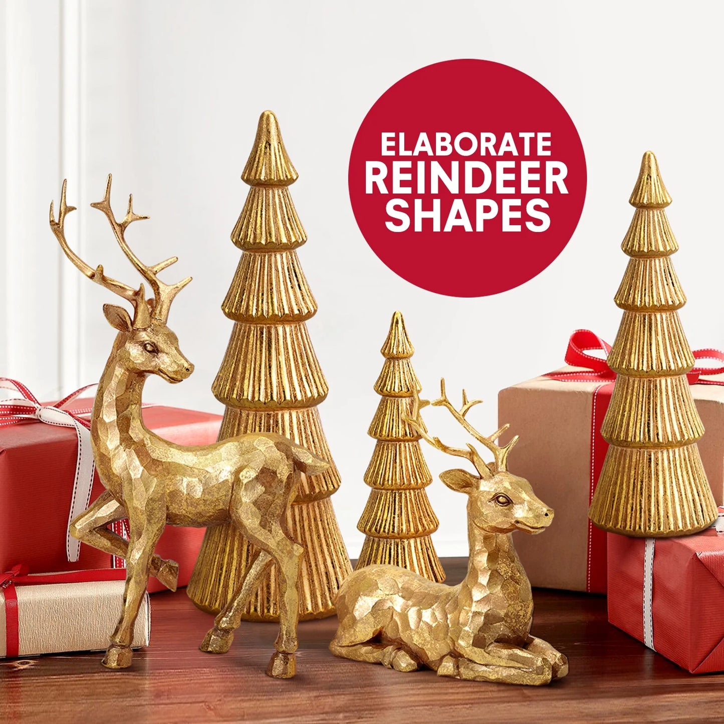 5PCS Tree and Reindeer Decortion, Christmas Tree Reindeer Figurines, Christmas Decortion Indoor (Rose Gold)