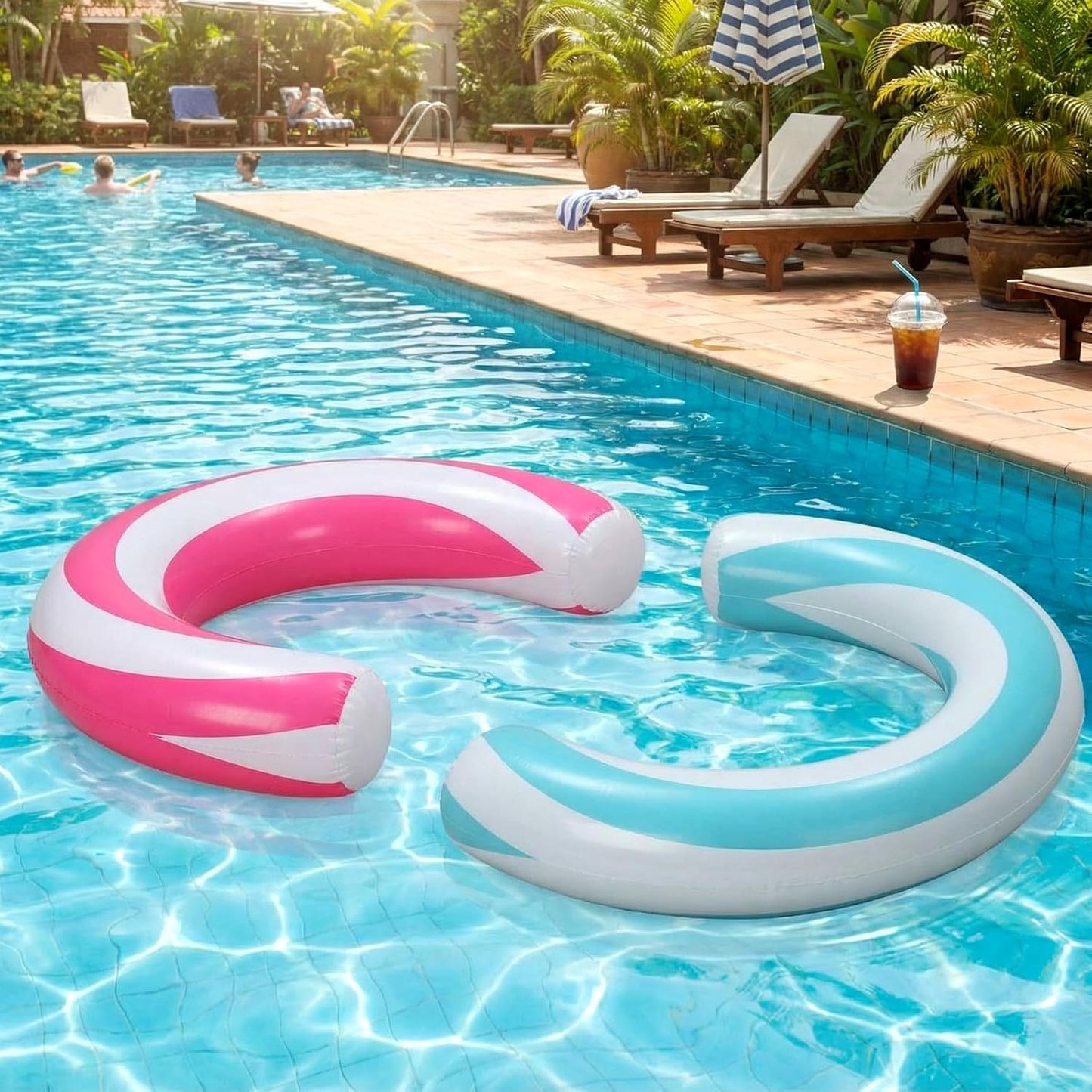 2Pcs 30 X 24 Inches Inflatable Curved Pool Noodle Adult Inflatable Pool Float Noodles for Swimming Travel Pink Blue Stripe Pools Float Toys Summer Party Beach Water Games Supplies