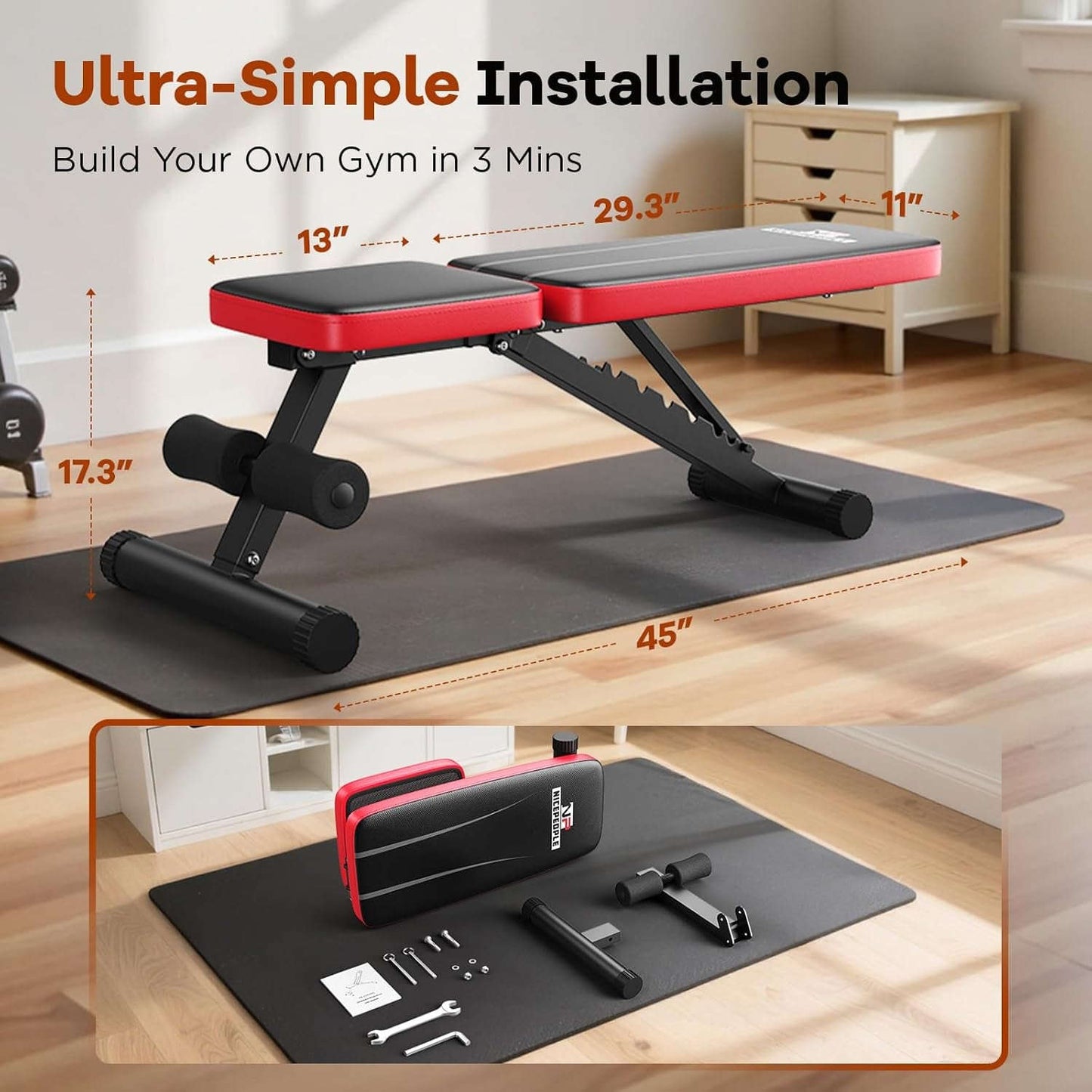 Basic Weight Bench for Home Gym, 8 Backrests Adjustable Bench with 660LBS Weight Capacity for Chest Shoulders Arms Muscles, Foldable and Compact for Small Space Apartment Room
