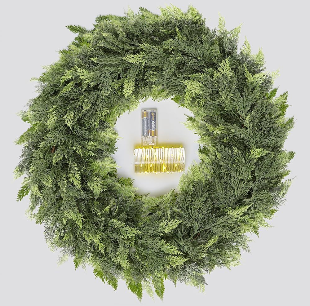 9FT Cedar Garland with Lights, Prelit Christmas Garland Artificial Realistic, Real Touch Pine Christmas Garland for Mantle Stairs Outdoor Decoration, Battery Operated Faux Greenery Garlands Thick Lush