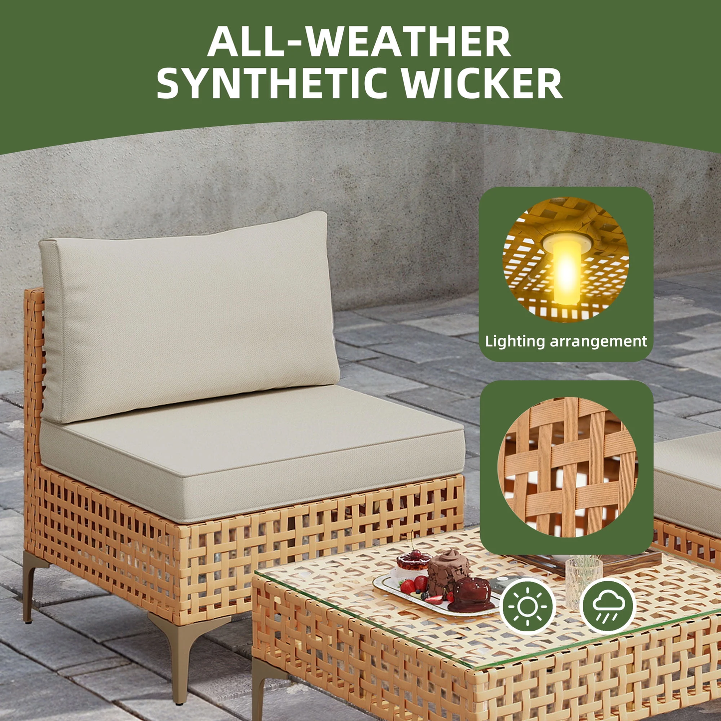 3 Pieces Outdoor Patio Furniture Set,Rattan Wicker Conversation Set,Bistro Set of Outdoor Sectional Sofa Chairs & Solar Light Coffee Table