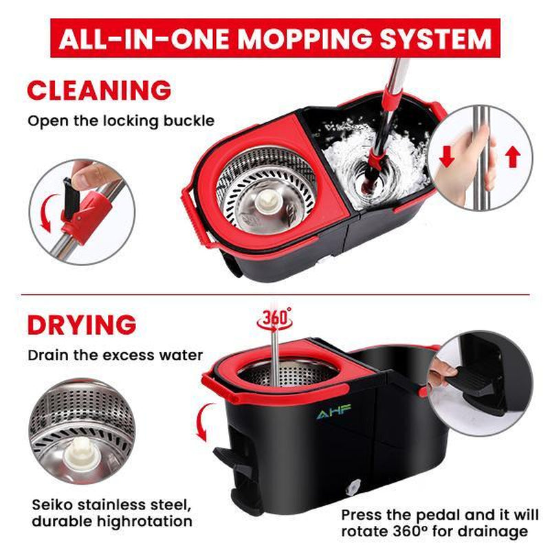 AHF New Model Microfiber Spin Mop R-2/R-2S 360° Rotation Hands-Free Cleaning System Red Standard Design Model R-2/R-2S Upgraded Version Foldable & Space-Saving Household Cleaner Tool