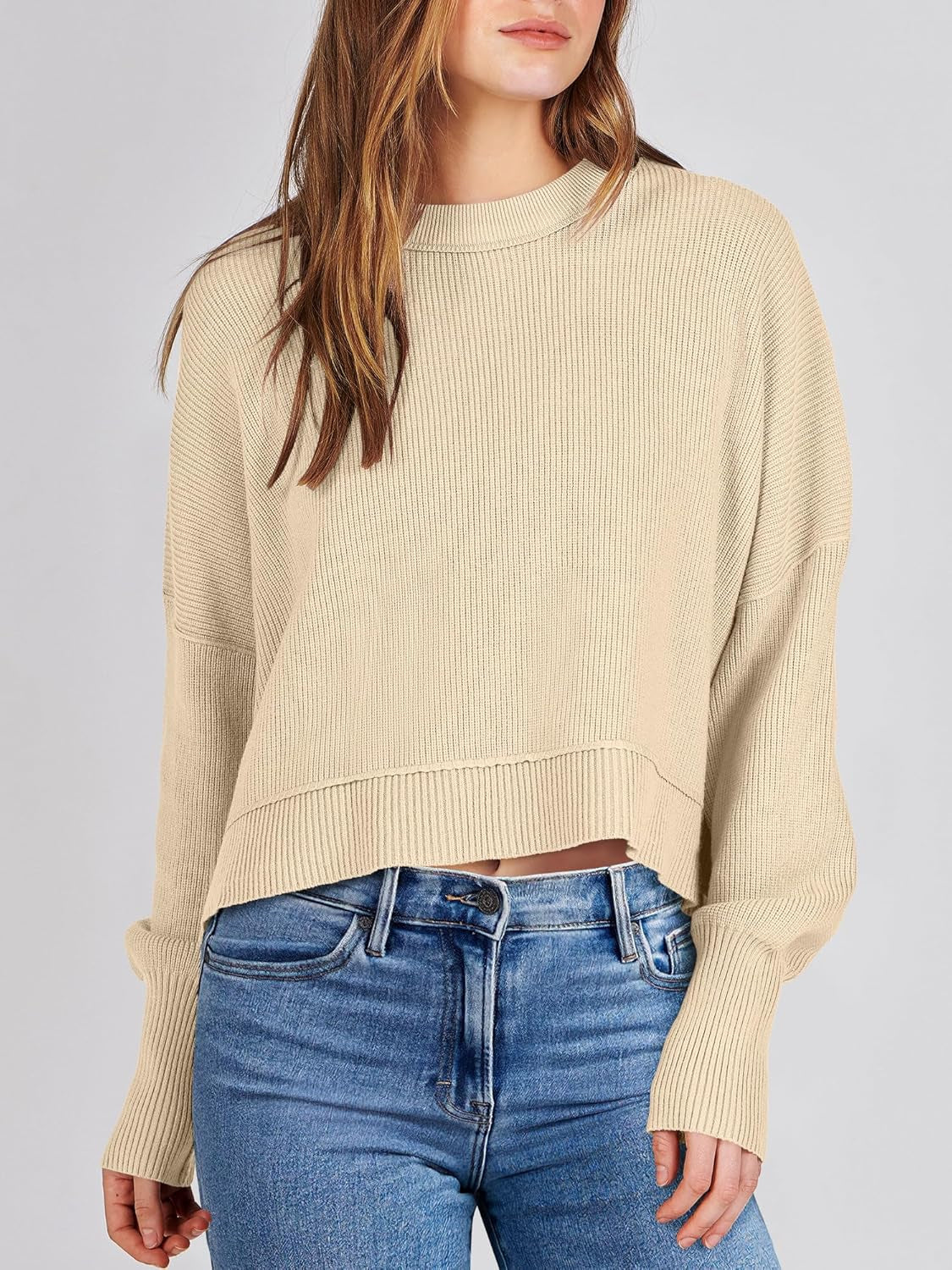Womens Cropped Sweaters Oversized Crewneck Long Batwing Sleeve Side Slit Ribbed Knit Pullover Tops 2025 Fall Clothes