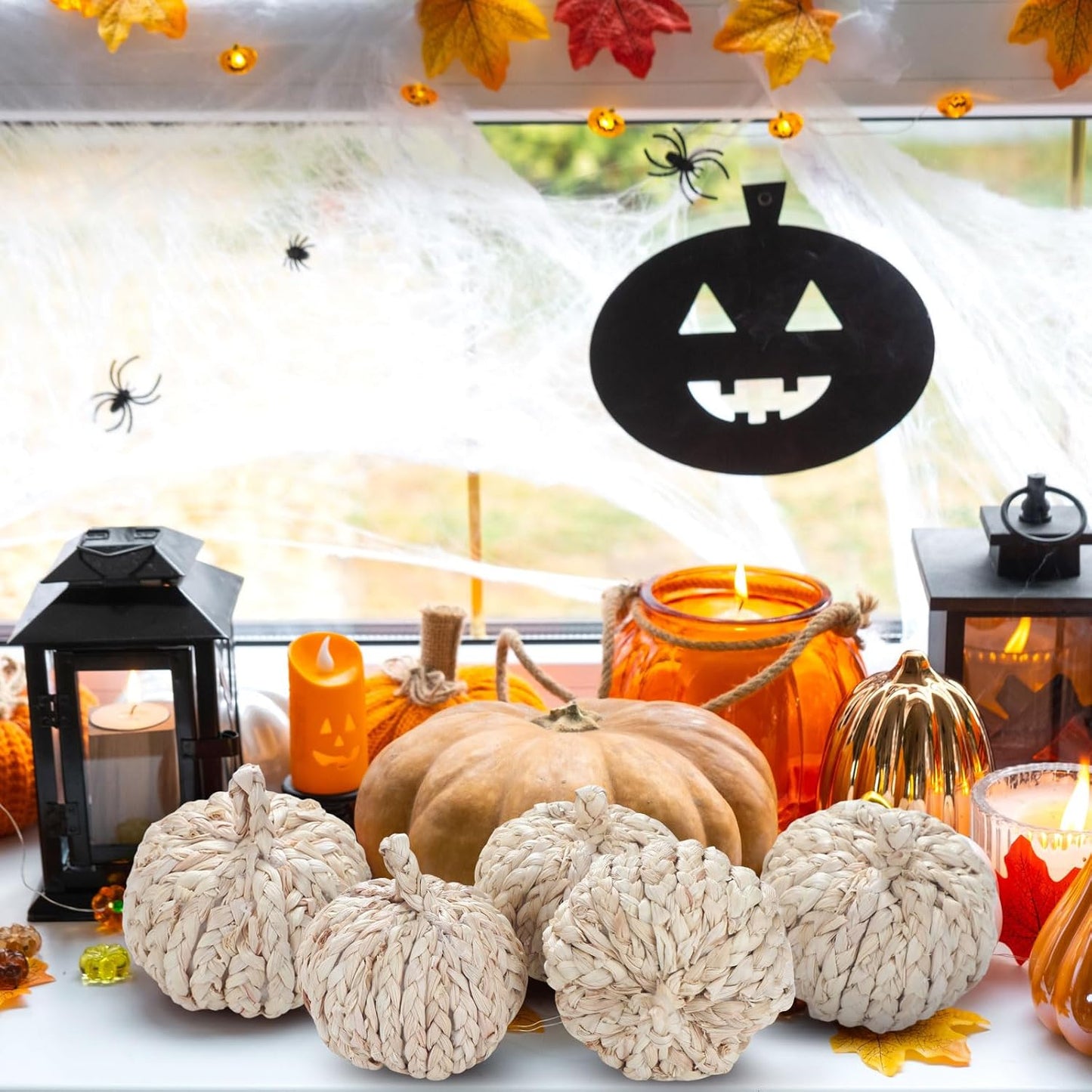 6 Pcs Fall Rattan Pumpkin Decor Woven Corn Husk 4 Inch Braided Pumpkins Foam Woven Decor Artificial Handmade Harvest Fall Centerpieces for Thanksgiving Autumn Halloween Table Decoration