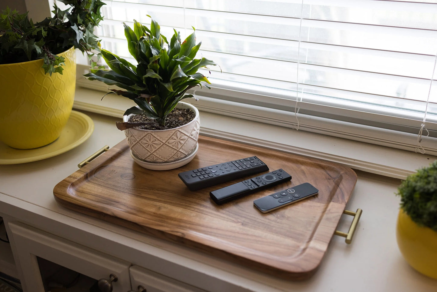 - Acacia Wood Rectangle Tray with Gold Color Handles, One Size