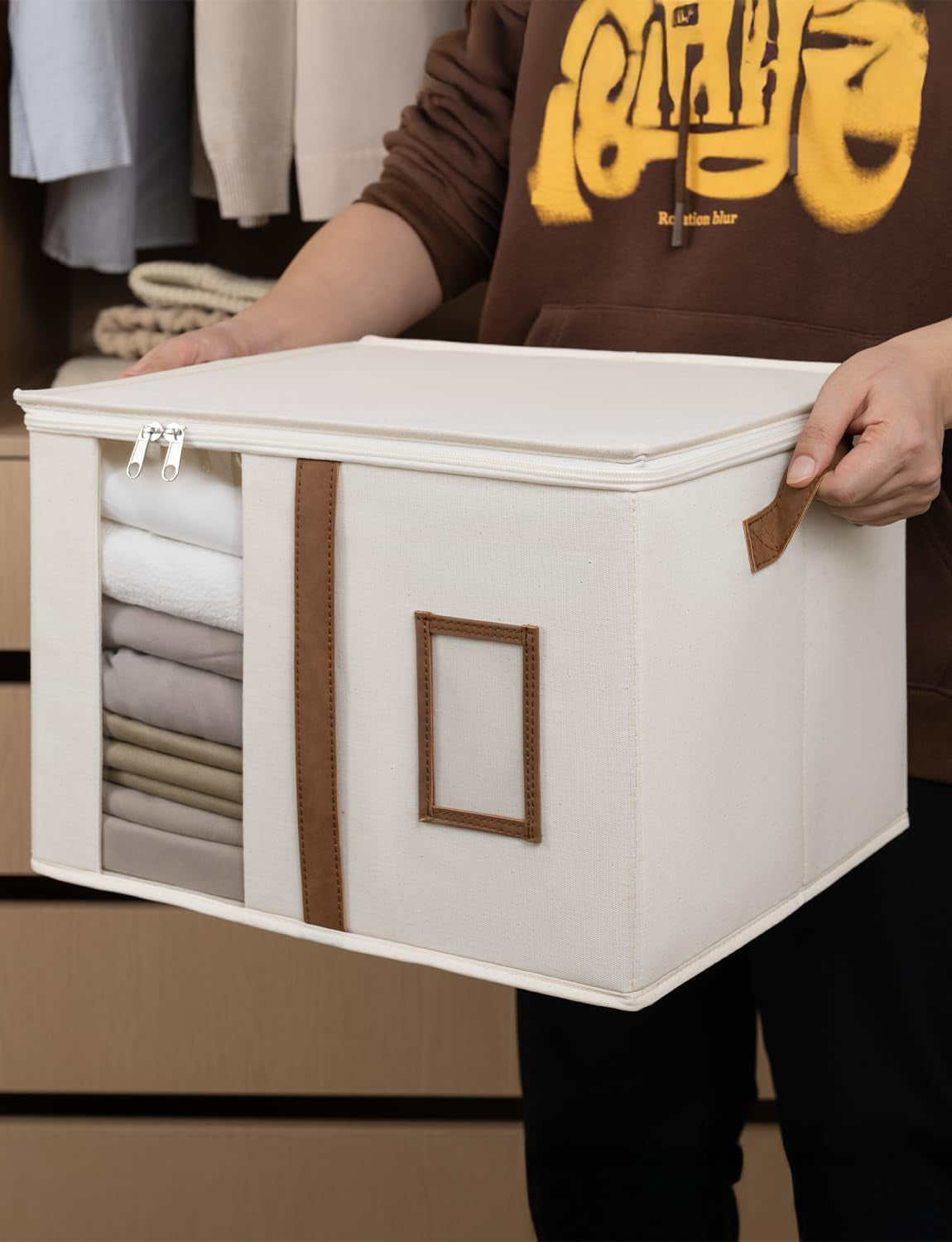 2-Pack Bed Sheet Organizers and Storage, Foldable Bedsheet Holder for Linen Closet, Bedding Container with Handle, Beige, 15" D X 12¾"W X 10" H