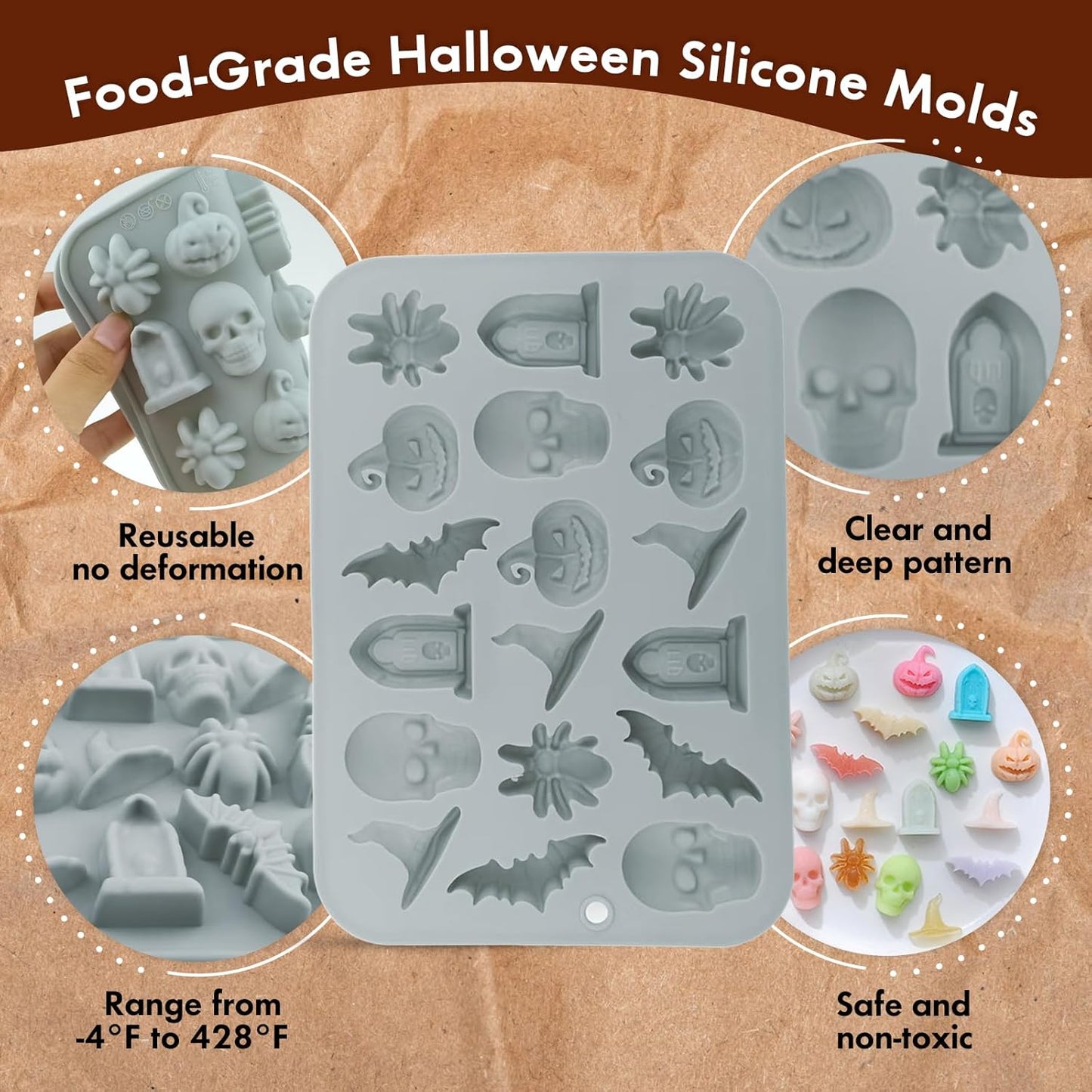 2-Pack Halloween Chocolate Molds, 18-Cavity Spider Skull Silicone Molds + 60 Foil Wrappers – DIY Candy, Chocolate & Treats