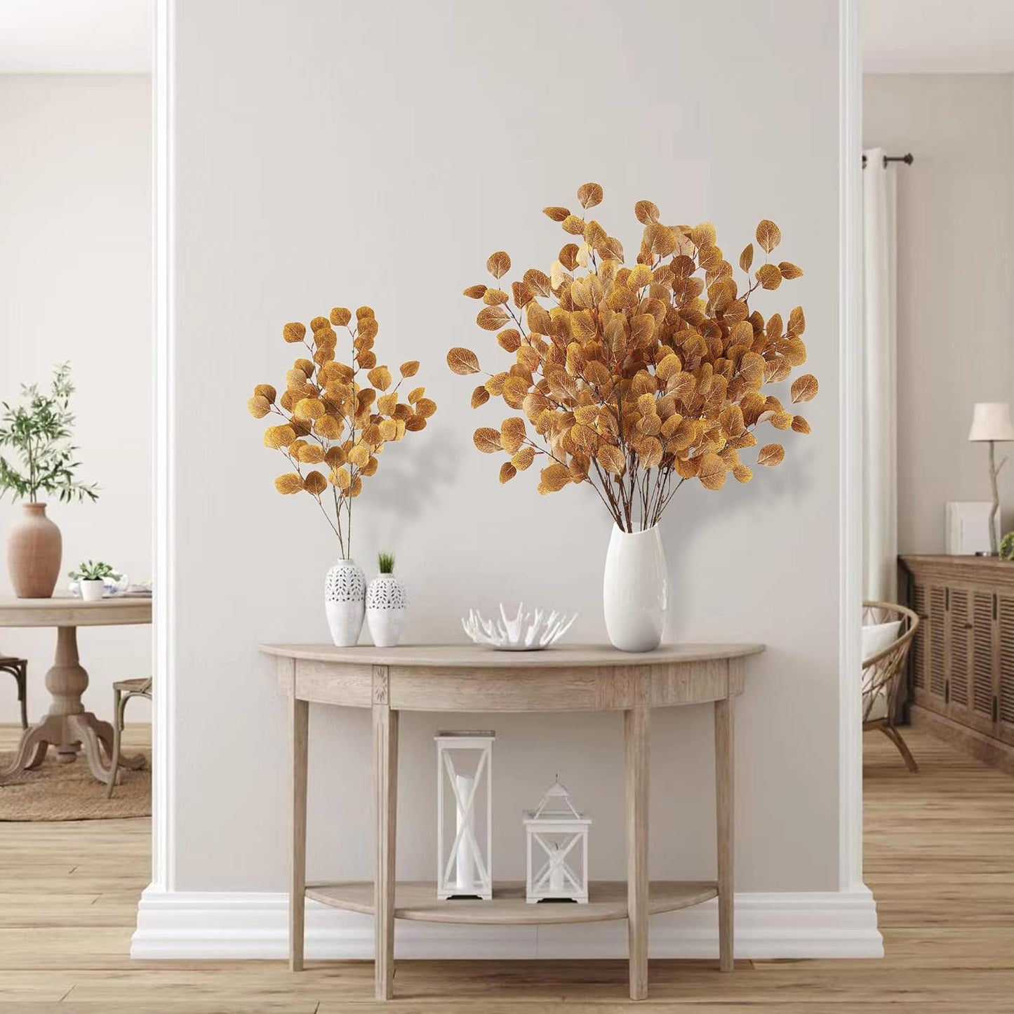6 Pcs Fall Eucalyptus Leaves Artificial Eucalyptus Stems Long Silver Dollar Leaves Autumn Leaf Branches Fake Silk Eucalyptus for Christmas Home Autumn Thanksgiving Decor(Dark Yellow)
