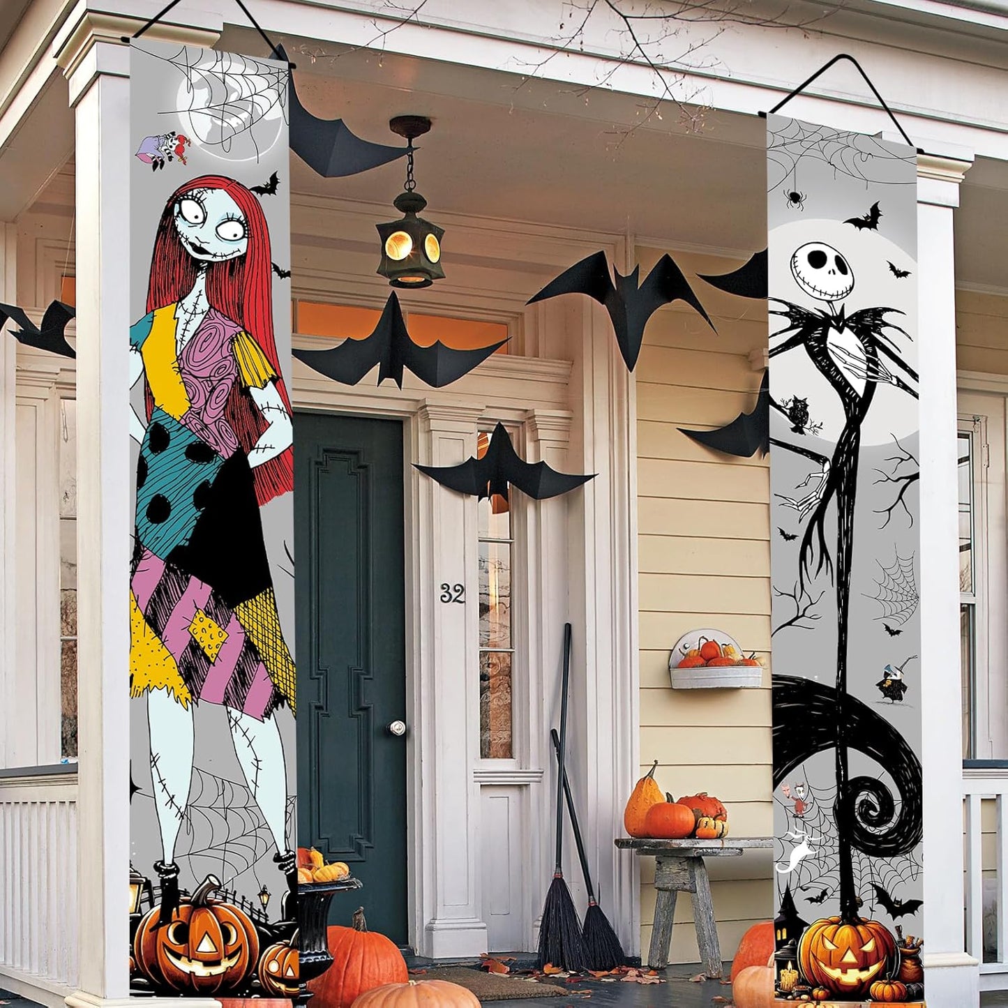 Jack Skellington Sally Banner Nightmare before Christmas Halloween Decorations Porch Door Sign Welcome Banner Indoor Outdoor Wall Home Party Supplies