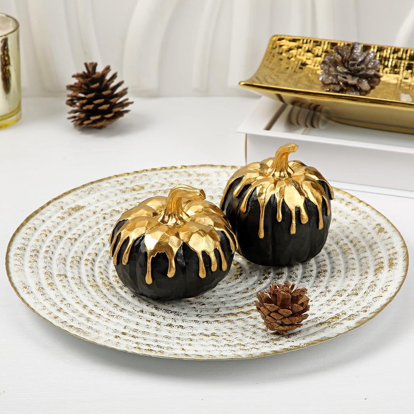 Fall Pumpkin Decor 2 PCS Black and Gold Resin Pumpkin Fake Pumpkins for Decorating Figurines Artificial Pumpkins Centerpiece Rustic Farmhouse Halloween Table Fall Decorations for Home