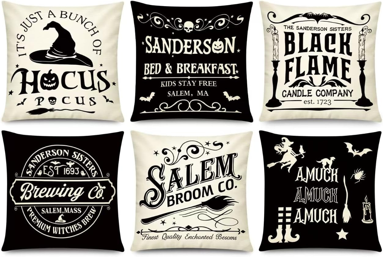 Halloween Pillow Covers 18X18 Inch Set of 6, Indoor Halloween Decorations, Black White Farmhouse Saying Throw Pillow Cover, Scary Pillowcase for Seaonal Party Couch Home Decor
