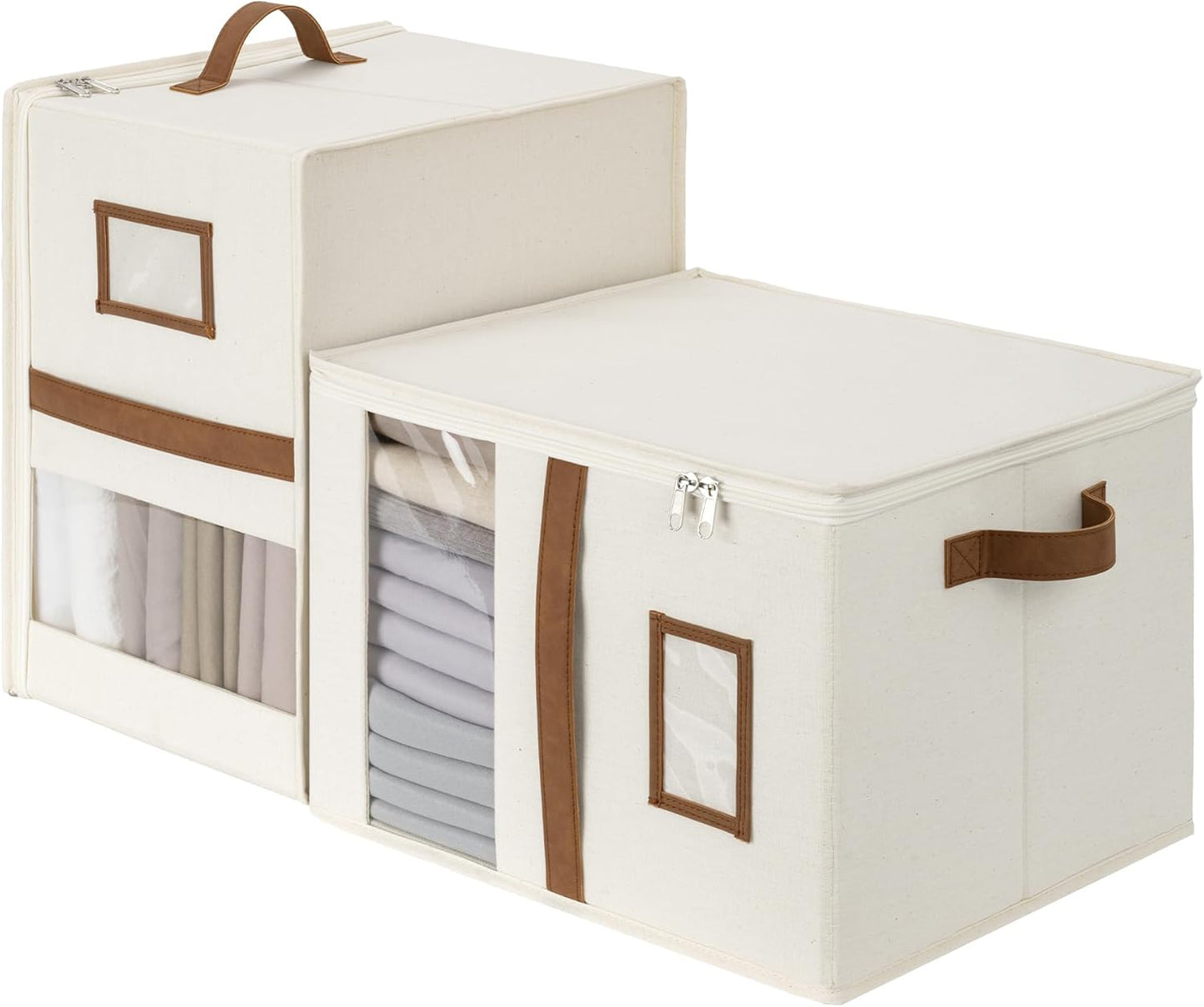 2-Pack Bed Sheet Organizers and Storage, Foldable Bedsheet Holder for Linen Closet, Bedding Container with Handle, Beige, 15" D X 12¾"W X 10" H
