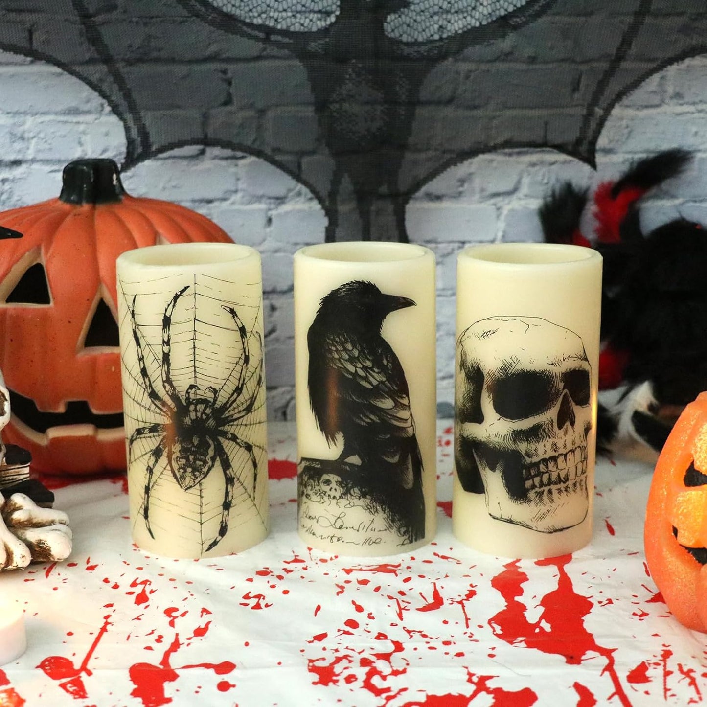 Halloween LED Flameless Flickering Candles Battery Operated with 6H Timer Skull Spider Web Crow Raven Spooky Decals Halloween Themed Indoor Decoration(3 Pack, D3 X H6)