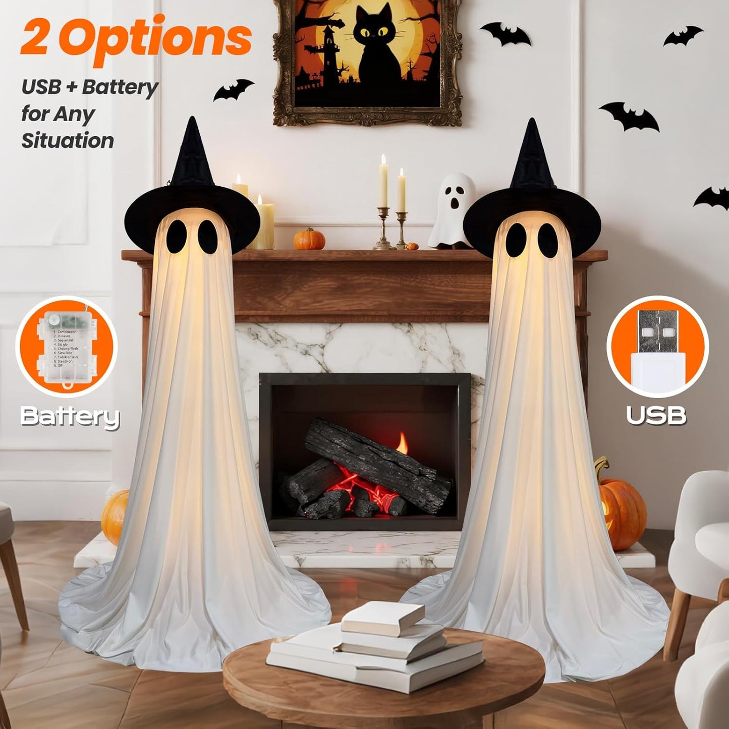 2 Packs Halloween Decorations Outdoor, 5Ft Wind-Resistant Ghost Decor with USB String Lights, Scary Door Decoration outside Garden Lawn