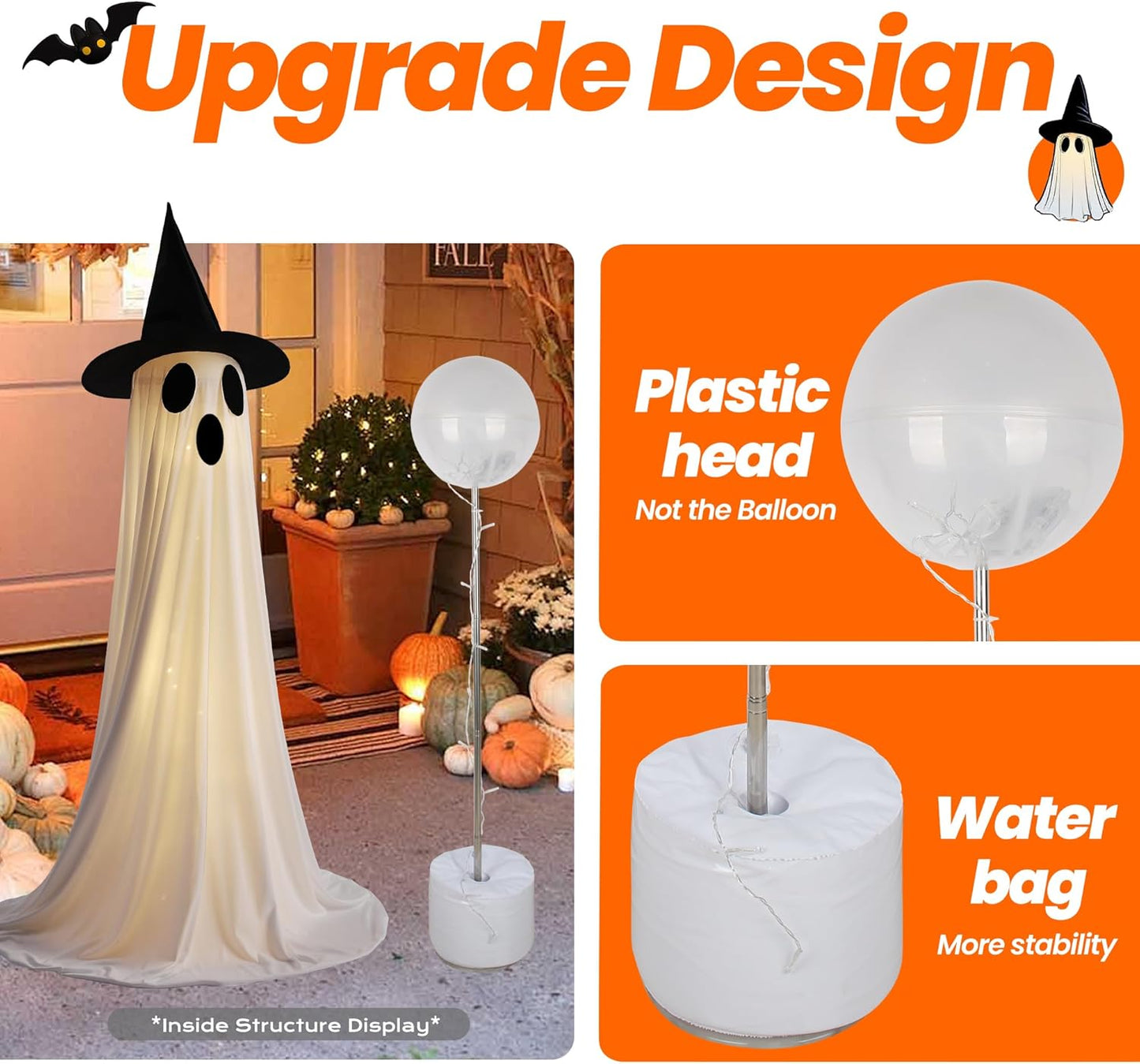 2 Packs Halloween Decorations Outdoor, 5Ft Wind-Resistant Ghost Decor with USB String Lights, Scary Door Decoration outside Garden Lawn