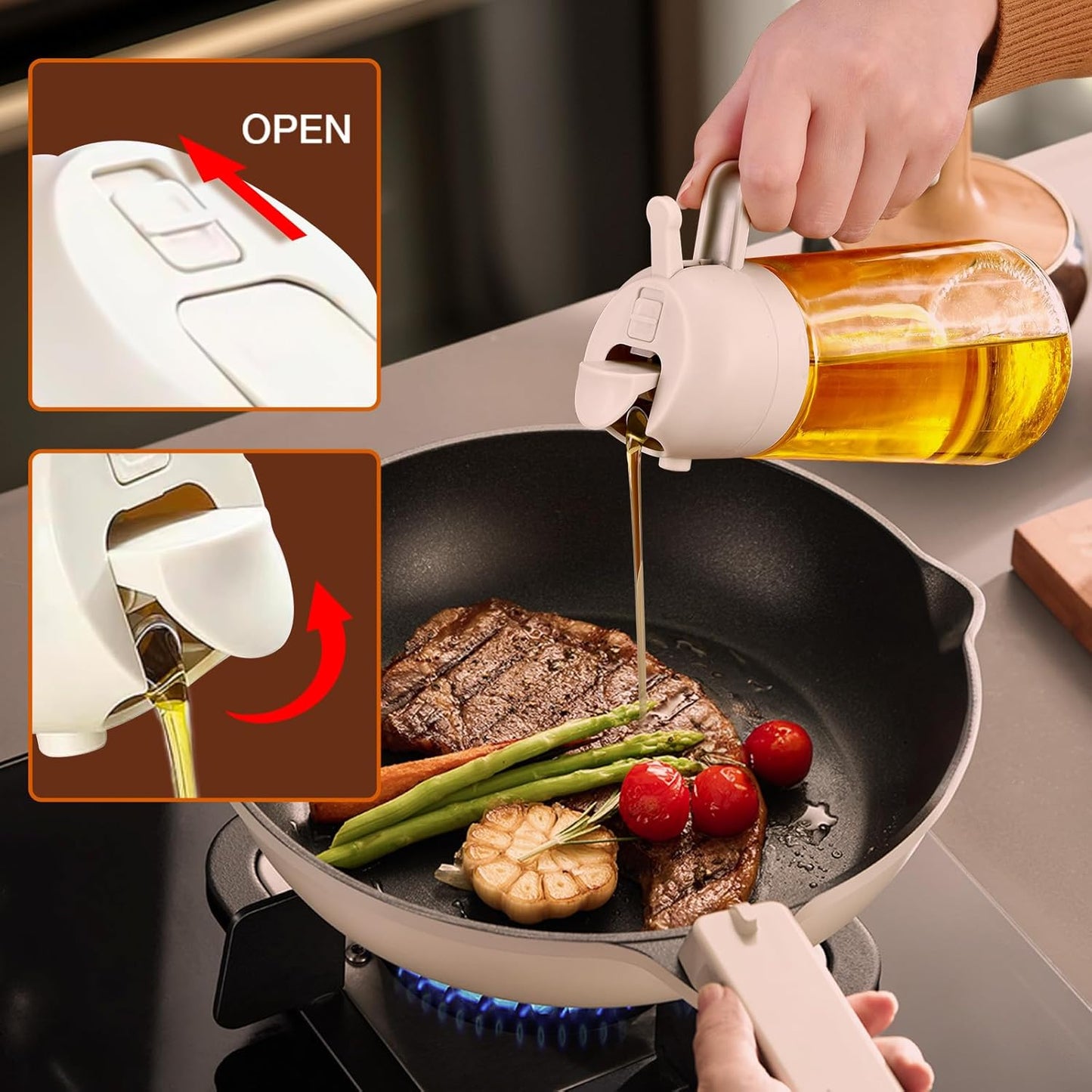 16Oz/470Ml Glass Olive Oil Sprayer for Cooking with Stickers, 2 in 1 Oil Dispenser for Kitchen Gadgets, Food Grade Premium Spray Bottle for Salad, Frying, BBQ (Creamy White)