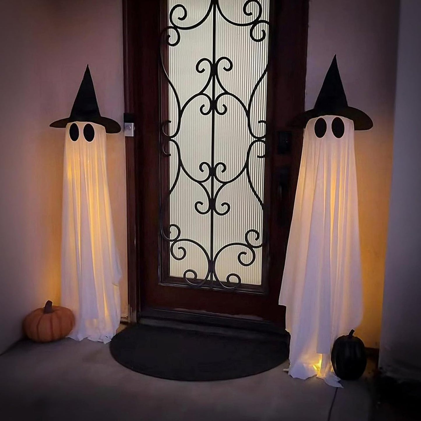 2 Packs Halloween Decorations Outdoor, 5Ft Wind-Resistant Ghost Decor with USB String Lights, Scary Door Decoration outside Garden Lawn