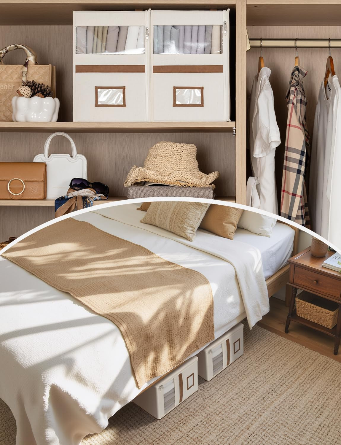 2-Pack Bed Sheet Organizers and Storage, Foldable Bedsheet Holder for Linen Closet, Bedding Container with Handle, Beige, 15" D X 12¾"W X 10" H