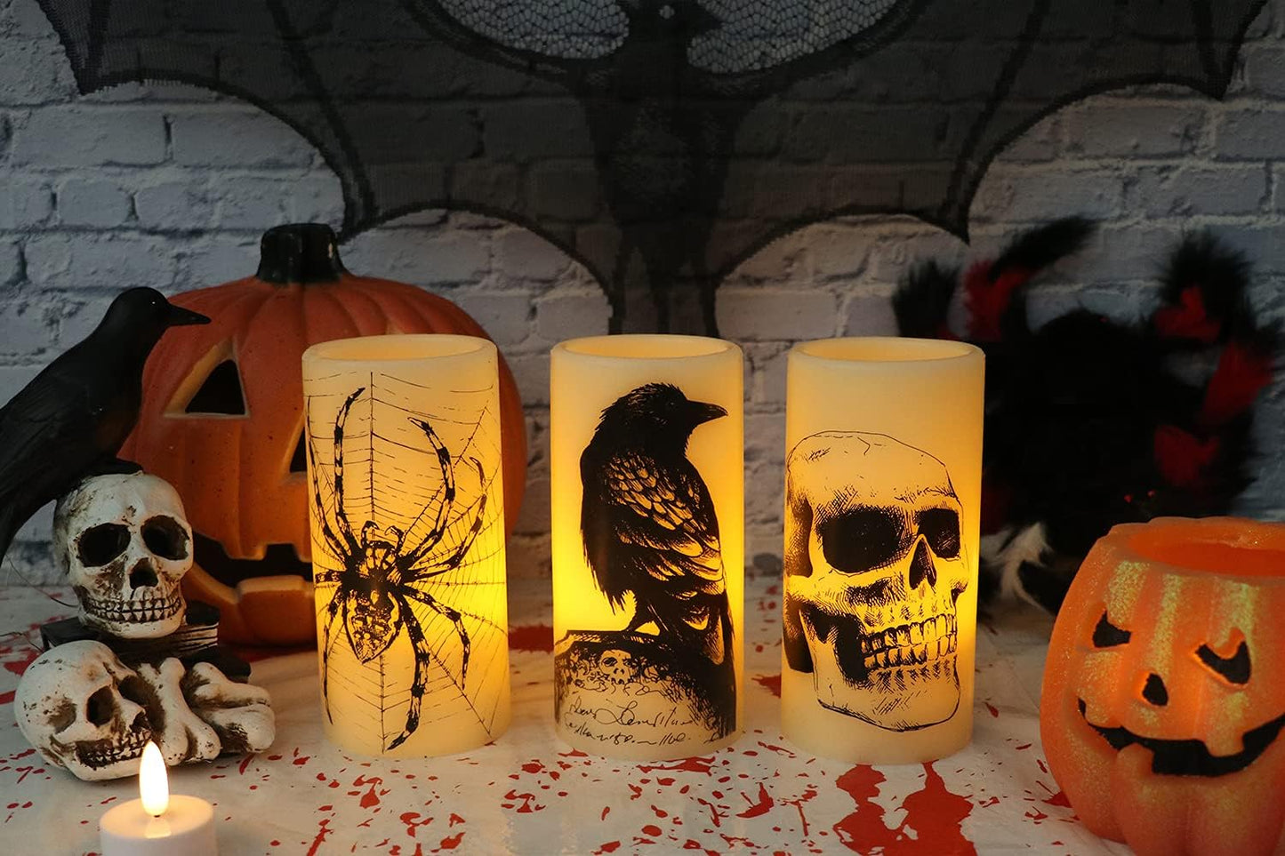 Halloween LED Flameless Flickering Candles Battery Operated with 6H Timer Skull Spider Web Crow Raven Spooky Decals Halloween Themed Indoor Decoration(3 Pack, D3 X H6)