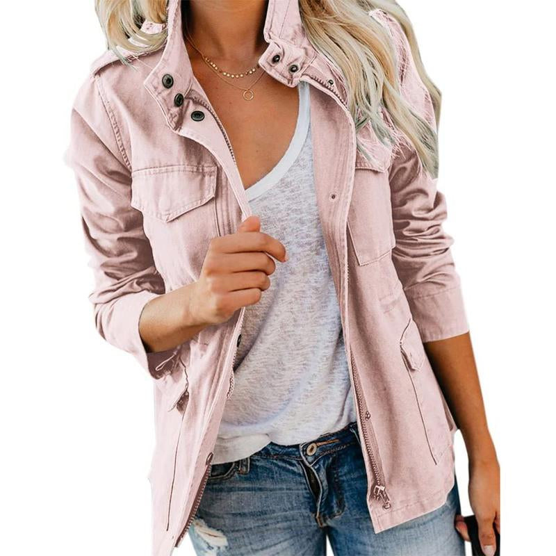 Yousify Womens Military Jacket Zip up Snap Buttons Lightweight Utility Anorak Field Safari Coat Outwear with Pocket