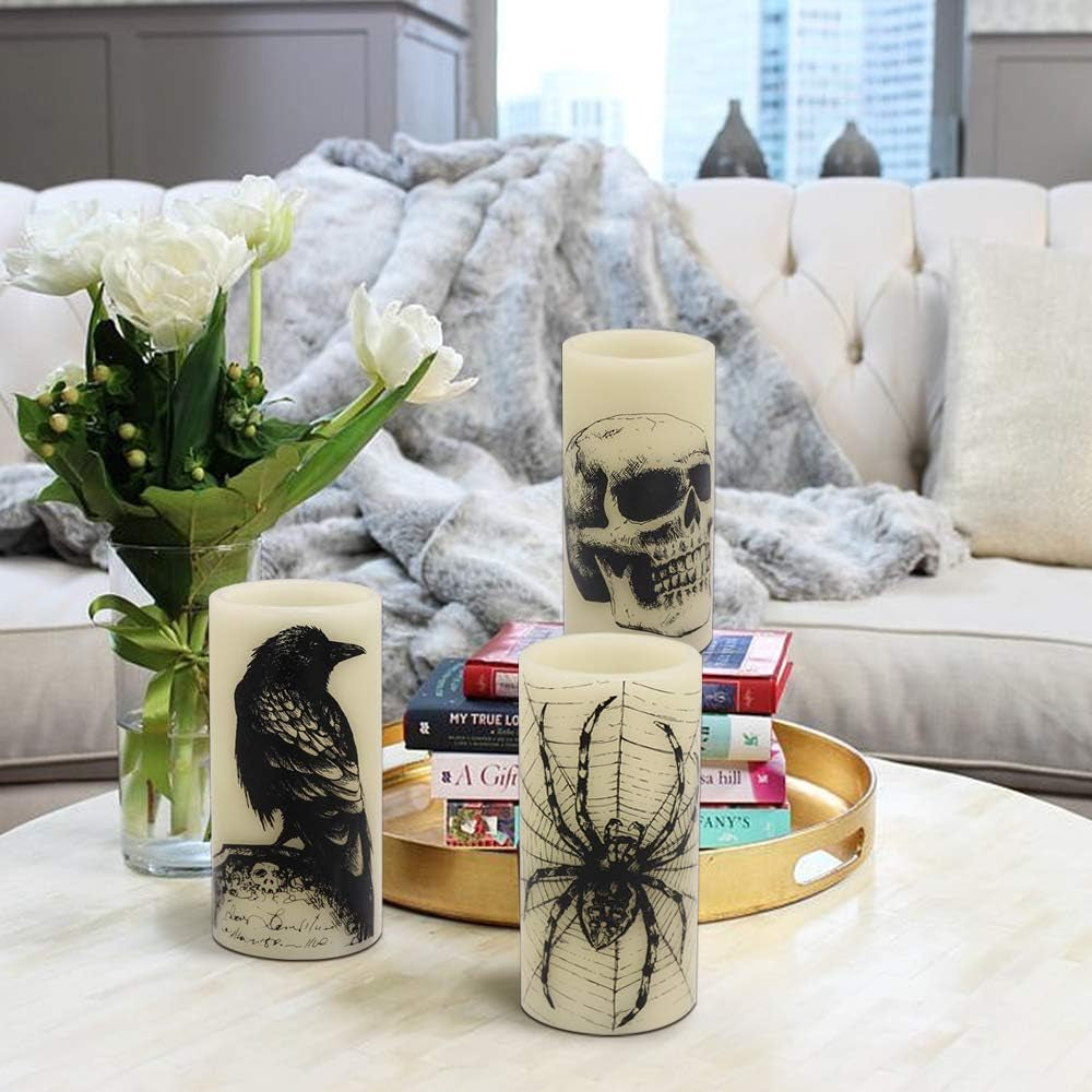 Halloween LED Flameless Flickering Candles Battery Operated with 6H Timer Skull Spider Web Crow Raven Spooky Decals Halloween Themed Indoor Decoration(3 Pack, D3 X H6)