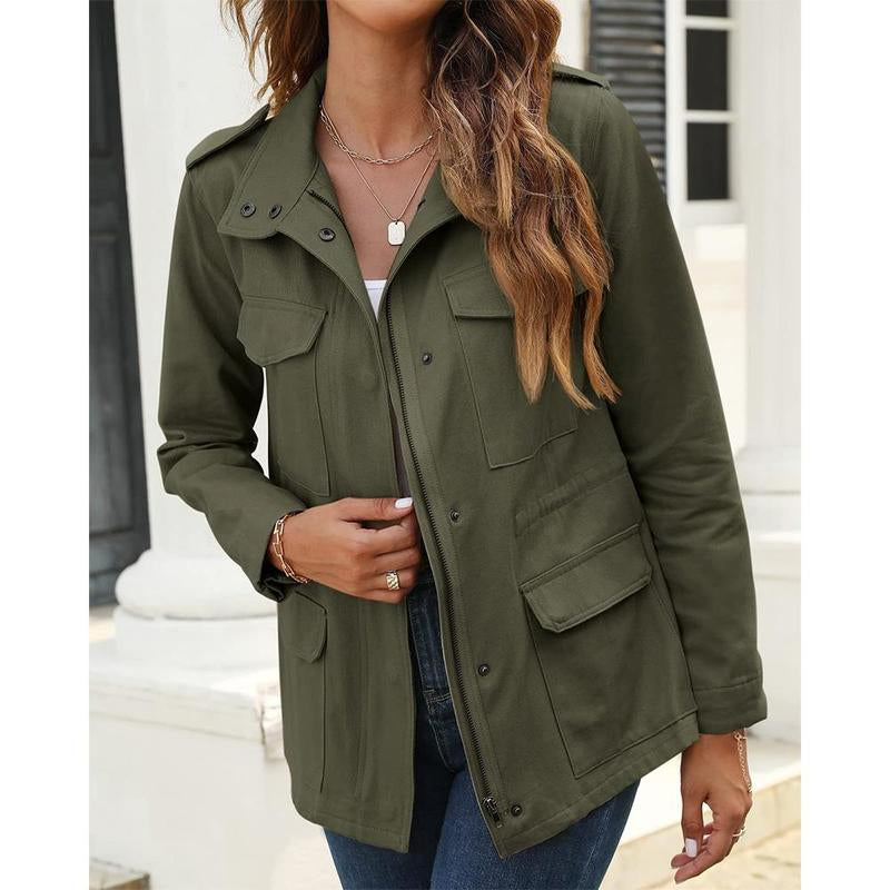 Yousify Womens Military Jacket Zip up Snap Buttons Lightweight Utility Anorak Field Safari Coat Outwear with Pocket