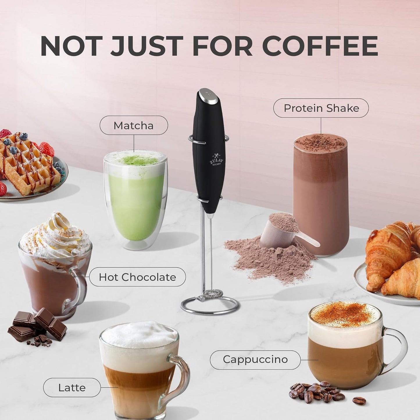 Powerful Milk Frother Wand with 2 Duracell Batteries - Ultra Fast Handheld Drink Mixer - Electric Whisk Foam Maker for Coffee, Lattes, Cappuccino, Matcha, Hot Chocolate & Creamer - Black