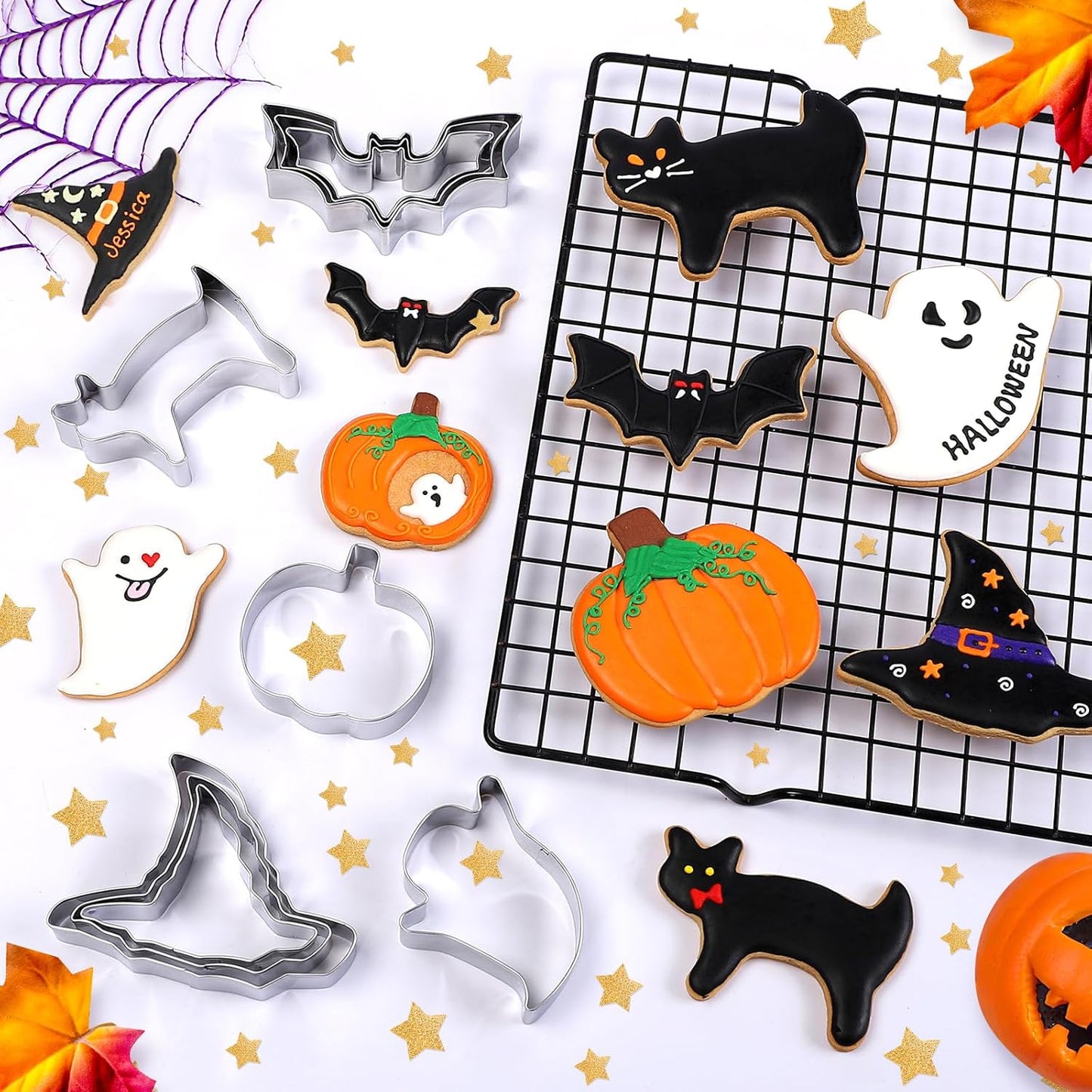 Halloween Cookie Cutters Set - 15 Pcs Stainless Steel Holiday Cookie Cutter with 5 Shapes - Pumpkin, Ghost, Bat, Cat and Witch'S Hat Cookie Molds for Halloween Food Party Decorations