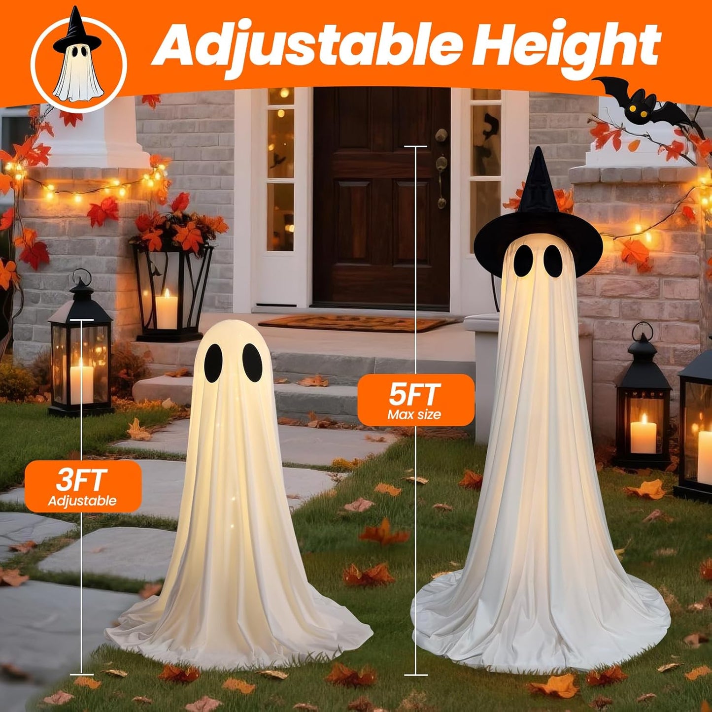 2 Packs Halloween Decorations Outdoor, 5Ft Wind-Resistant Ghost Decor with USB String Lights, Scary Door Decoration outside Garden Lawn