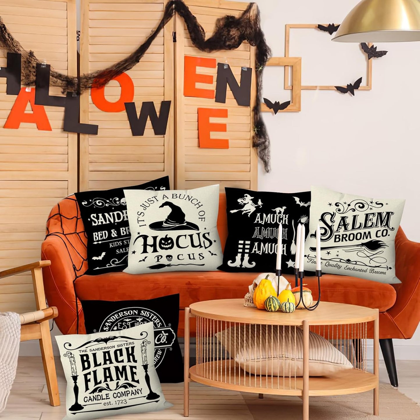 Halloween Pillow Covers 18X18 Inch Set of 6, Indoor Halloween Decorations, Black White Farmhouse Saying Throw Pillow Cover, Scary Pillowcase for Seaonal Party Couch Home Decor