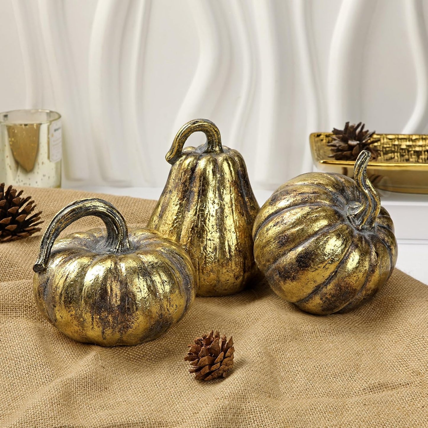 Fall Pumpkin Decor 3 PCS Gold Resin Pumpkin Figurines Fake Pumpkins for Decorating Faux Pumpkins Fall Decorations Rustic Farmhouse Home Centerpiece for Thanksgiving Harvest Halloween Autumn