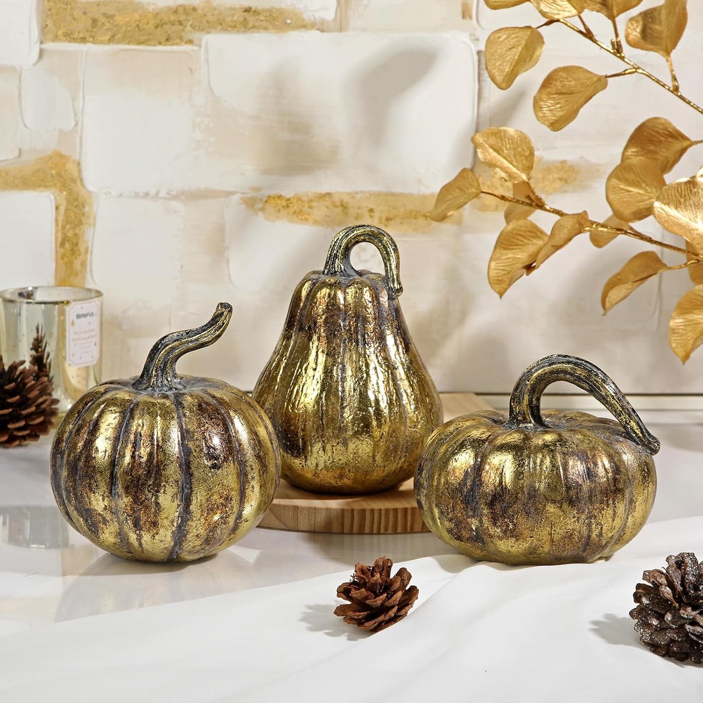 Fall Pumpkin Decor 3 PCS Gold Resin Pumpkin Figurines Fake Pumpkins for Decorating Faux Pumpkins Fall Decorations Rustic Farmhouse Home Centerpiece for Thanksgiving Harvest Halloween Autumn
