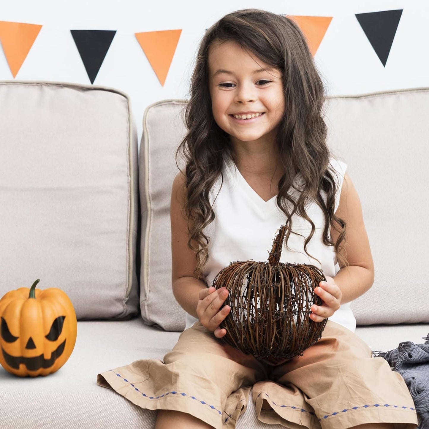 Wicker Halloween Pumpkin Decor - Fall Harvest Rattan Grapevine Pumpkin Thanksgiving Festive Tabletop Decor for Home Halloween, 9.8X8.7 Inch
