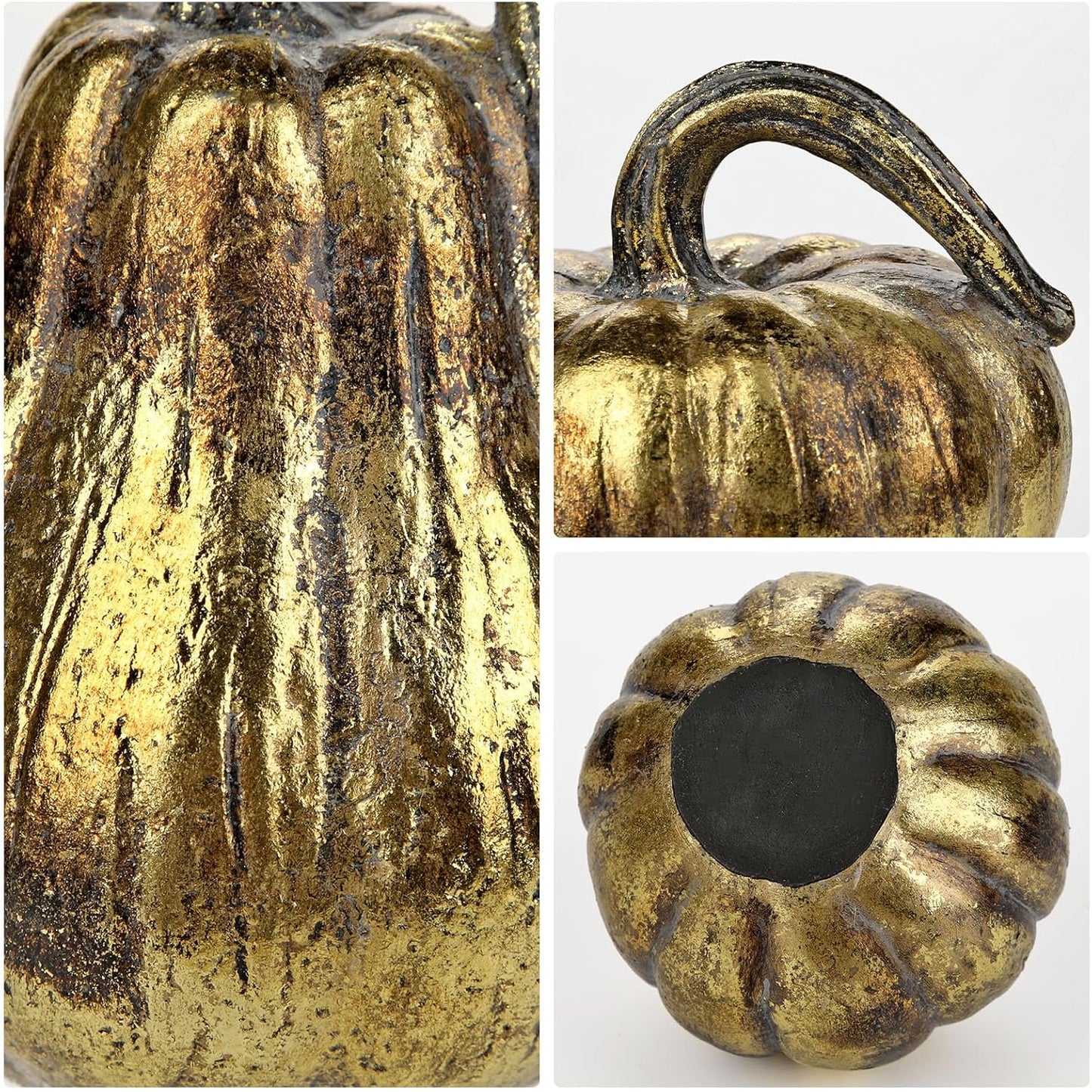 Fall Pumpkin Decor 3 PCS Gold Resin Pumpkin Figurines Fake Pumpkins for Decorating Faux Pumpkins Fall Decorations Rustic Farmhouse Home Centerpiece for Thanksgiving Harvest Halloween Autumn