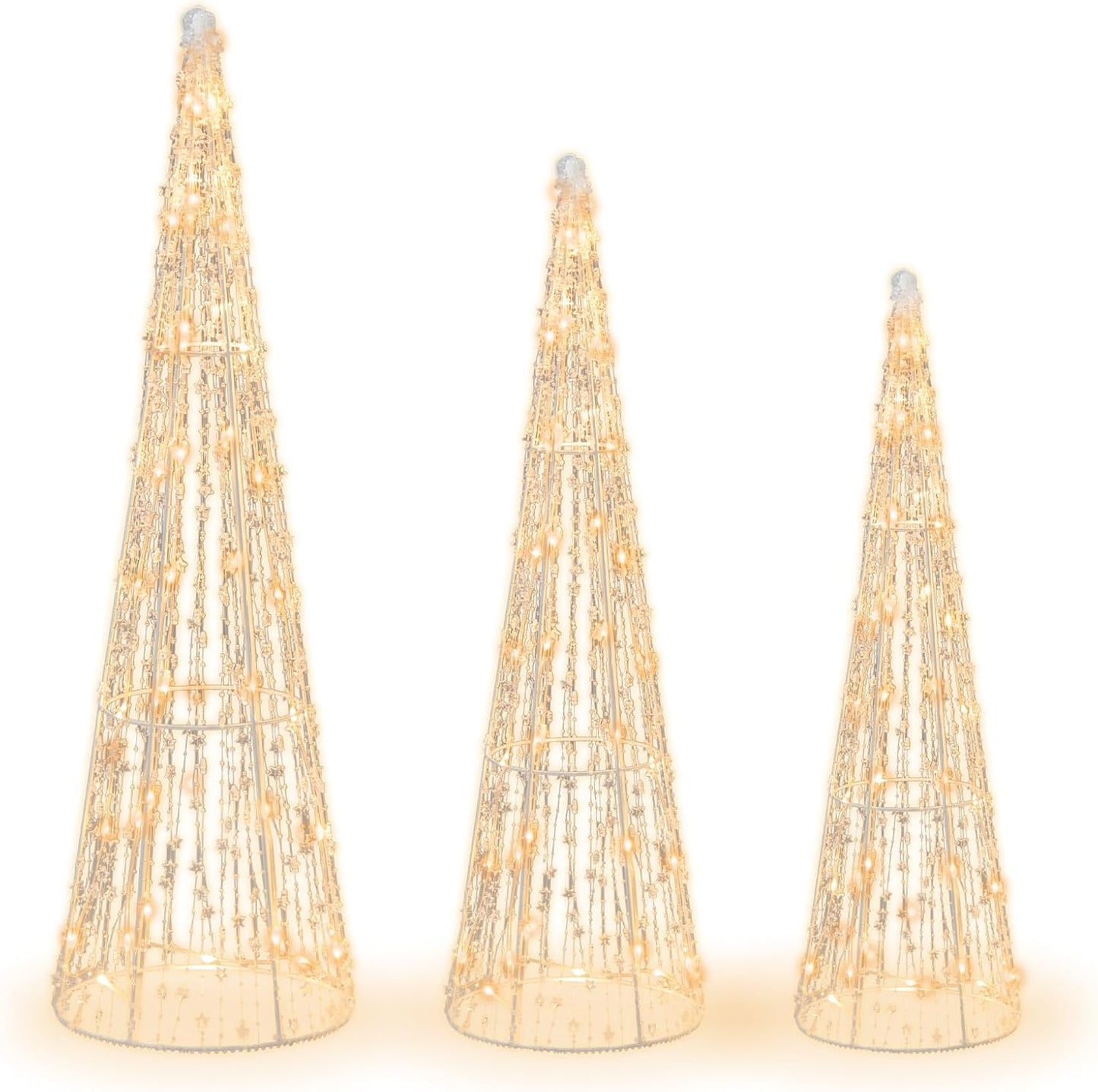 Set of 3 Lighted Christmas Cone Trees, Xmas Decorative Conic Tree Set with Star Strings, 90 Warm White LED Lights, Indoor & Outdoor Lighted Decorations for Lawn Yard Garden Party