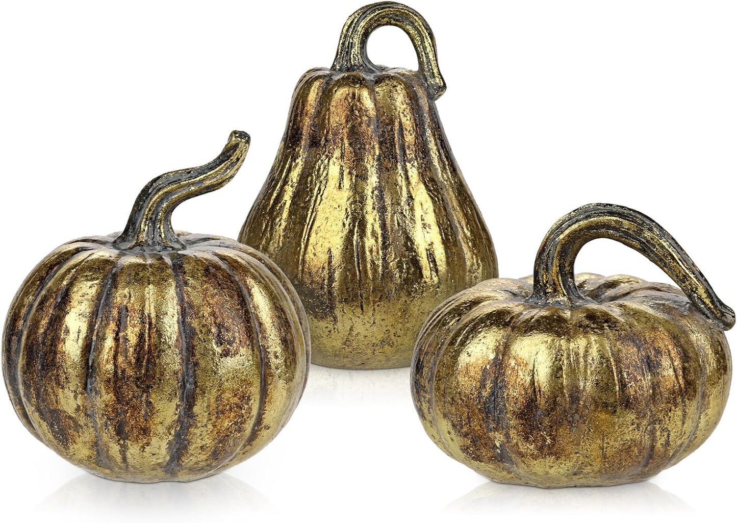 Fall Pumpkin Decor 3 PCS Gold Resin Pumpkin Figurines Fake Pumpkins for Decorating Faux Pumpkins Fall Decorations Rustic Farmhouse Home Centerpiece for Thanksgiving Harvest Halloween Autumn
