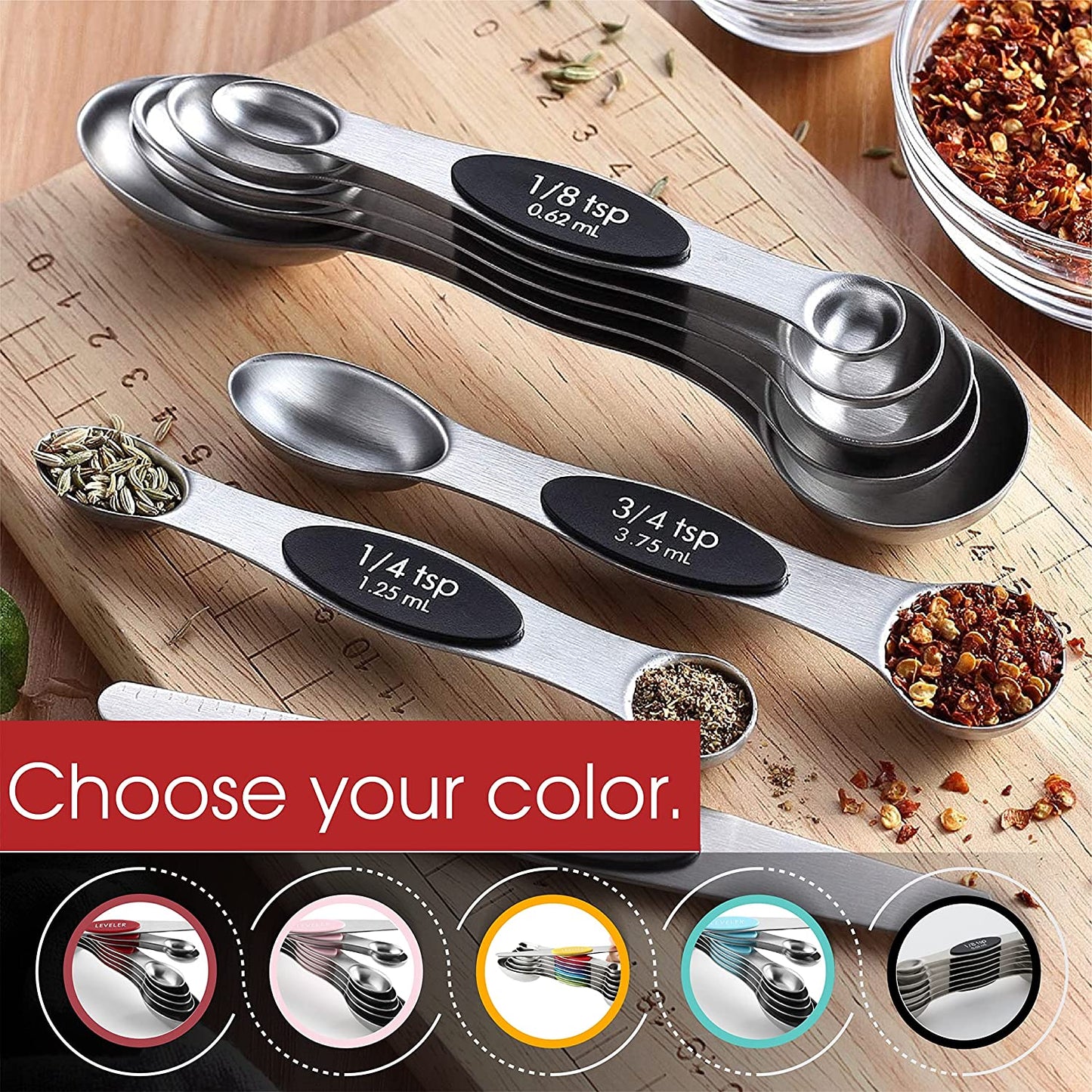 Stainless Steel Magnetic Measuring Spoons Set with Strong N45 Magnets, Heavy Duty Metal Kitchen Gadgets for Baking & Cooking, Fits in Most Kitchen Spice Jars, Set of 8 with Leveler, Black