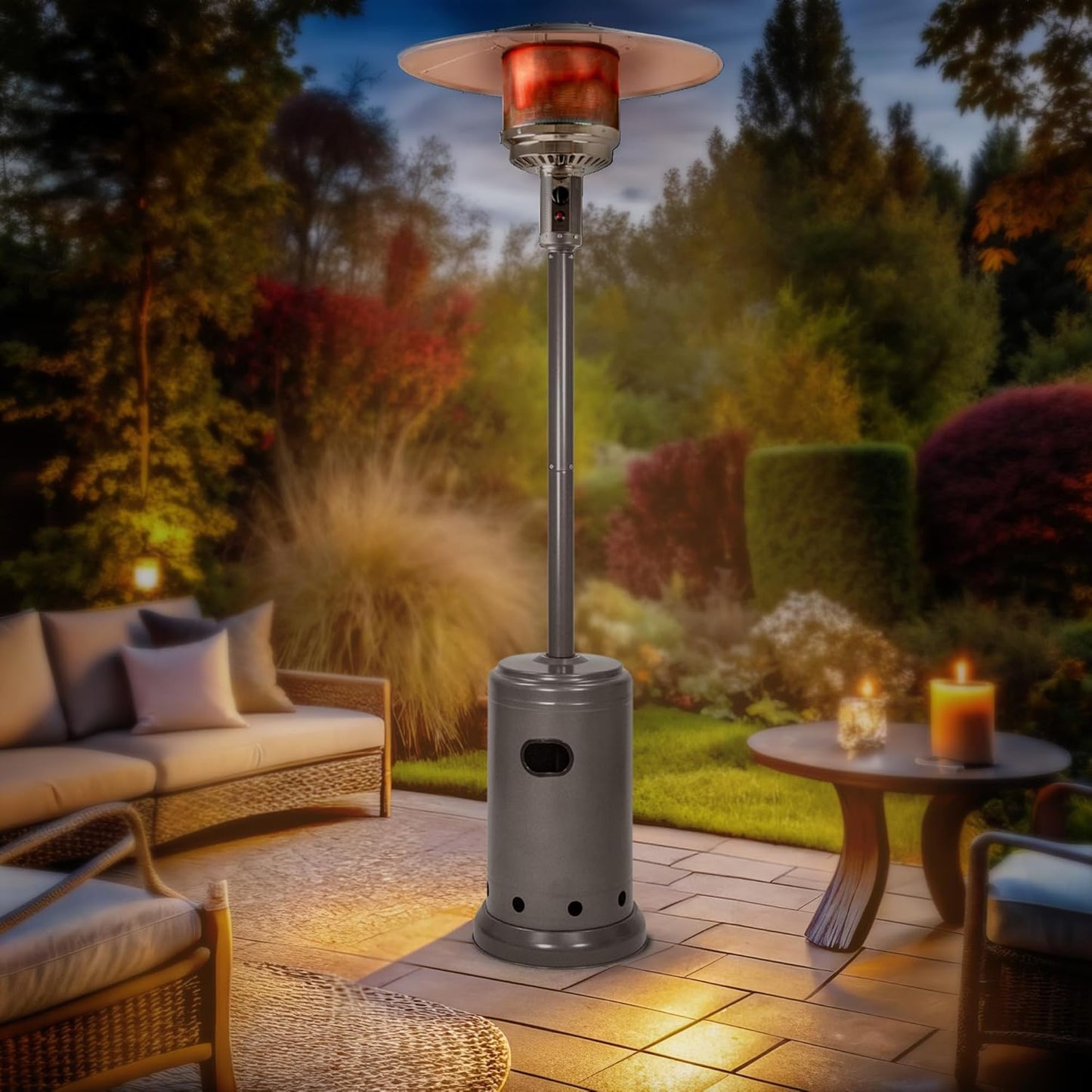 46,000 BTU Portable Outdoor Propane Patio Heater with Wheels, Commercial & Residential with Water Tank, Adjustable Heat Output, 9-Foot Radius, Slate Gray, 32.1"L X 32.1"W X 91.3"H