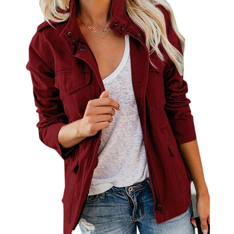 Yousify Womens Military Jacket Zip up Snap Buttons Lightweight Utility Anorak Field Safari Coat Outwear with Pocket