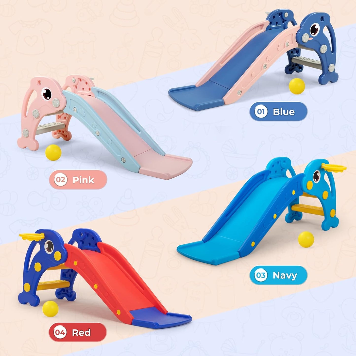 3 in 1 Toddler Slide, Baby Slide Plastic Climber Playset with Basketball Hoop and Ball, Indoor and Outdoor Playground for Kids Red