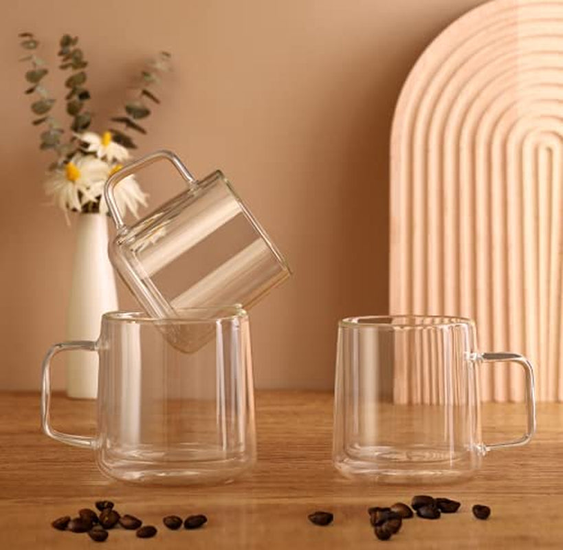 12Oz Glass Coffee Mugs,Double Wall Insulated Glass Cups with Handle,Clear Espresso Mugs for Latte,Cappuccino,Tea Bag,Set of 2