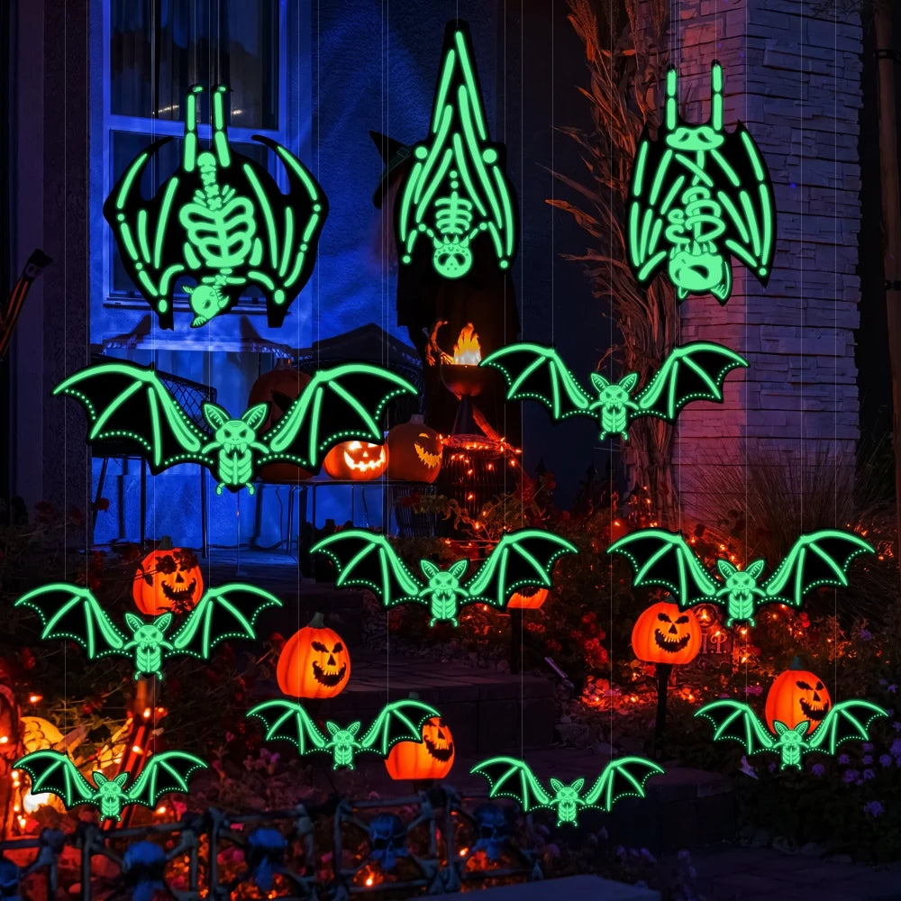 12 Pcs Glowing Hanging Bats Halloween Decorations Outdoor, 3D Halloween Bat Decorations for Yard Tree, Lawn, Garden