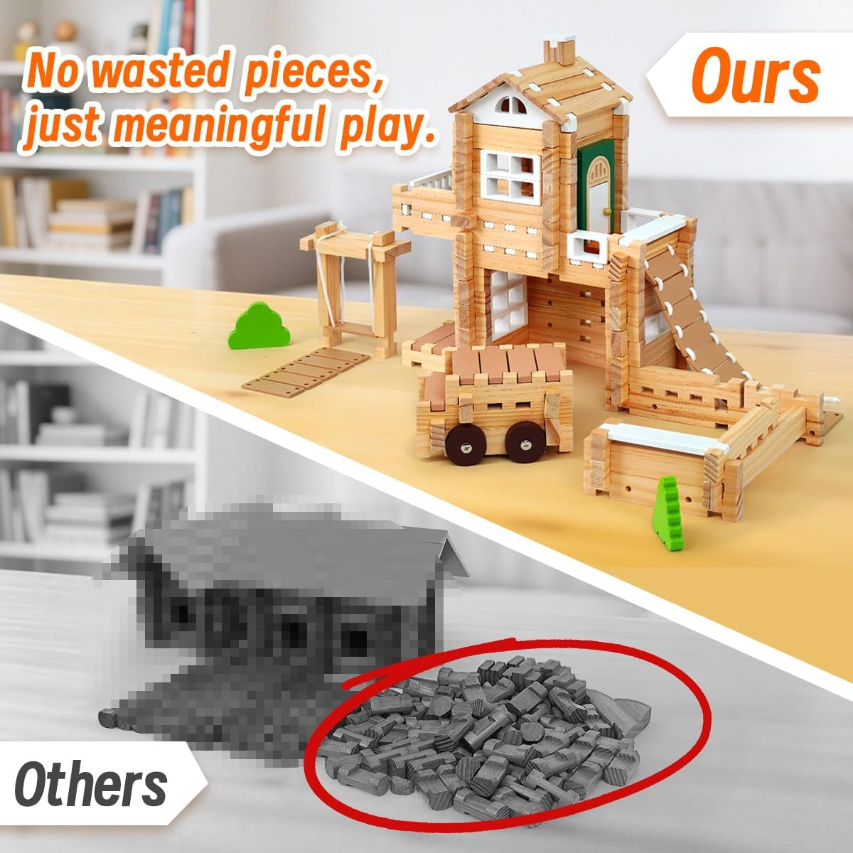 &Notchies 107 Pcs Wooden Blocks Toys with Door and Windows,Classic Old Fashioned Toys,Wooden Building Blocks for Kids Ages 4-8 Boys and Girls, (No Printed Manual)