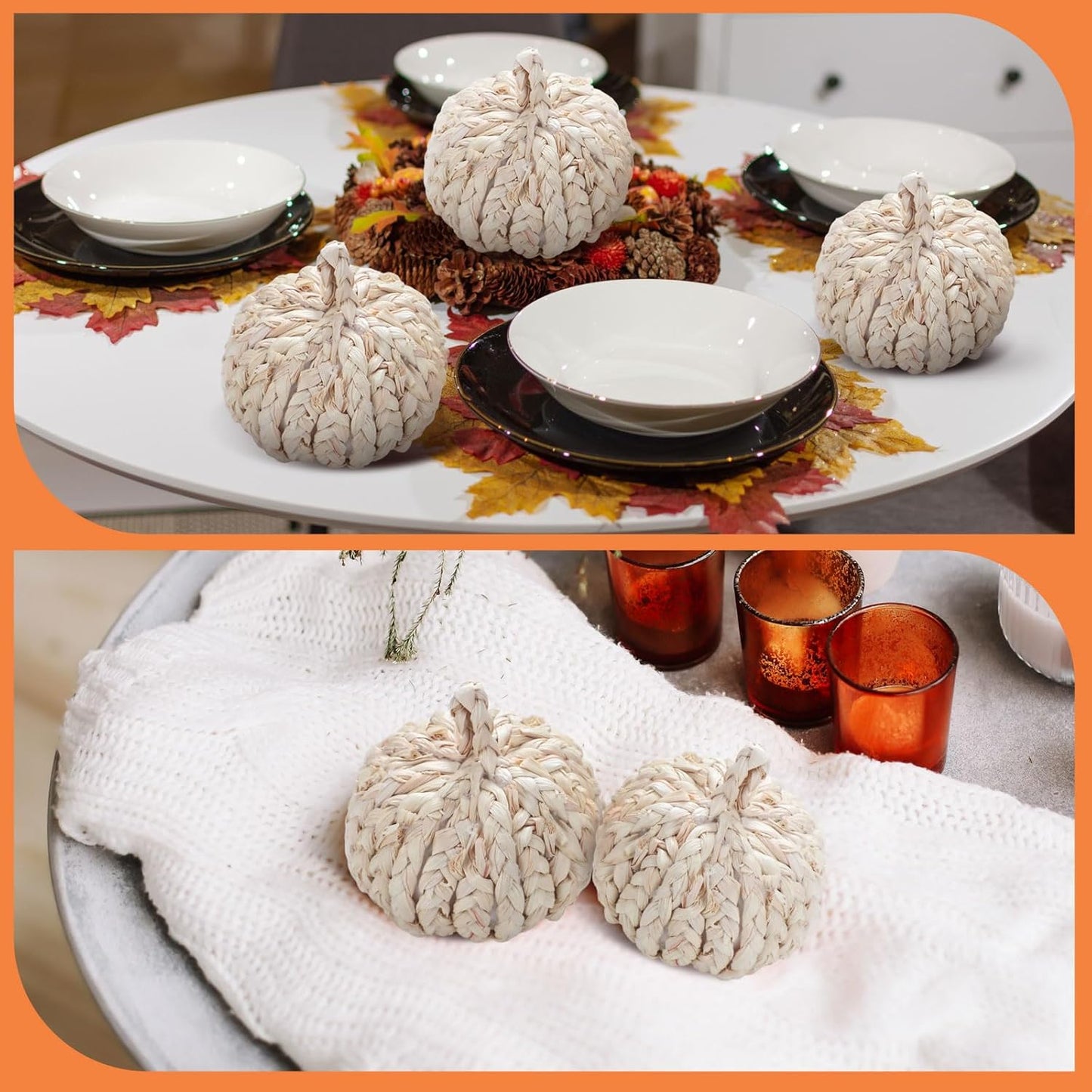 6 Pcs Fall Rattan Pumpkin Decor Woven Corn Husk 4 Inch Braided Pumpkins Foam Woven Decor Artificial Handmade Harvest Fall Centerpieces for Thanksgiving Autumn Halloween Table Decoration