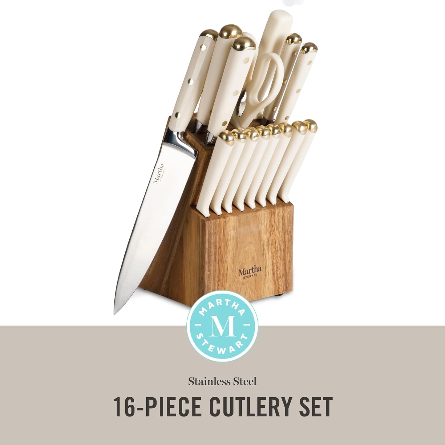 16 Piece Lockton High Carbon Stainless Steel Cutlery Kitchen Knife Block Set W/ABS Tripe Riveted Forged Handle Acacia Wood Block - Linen White W/Gold