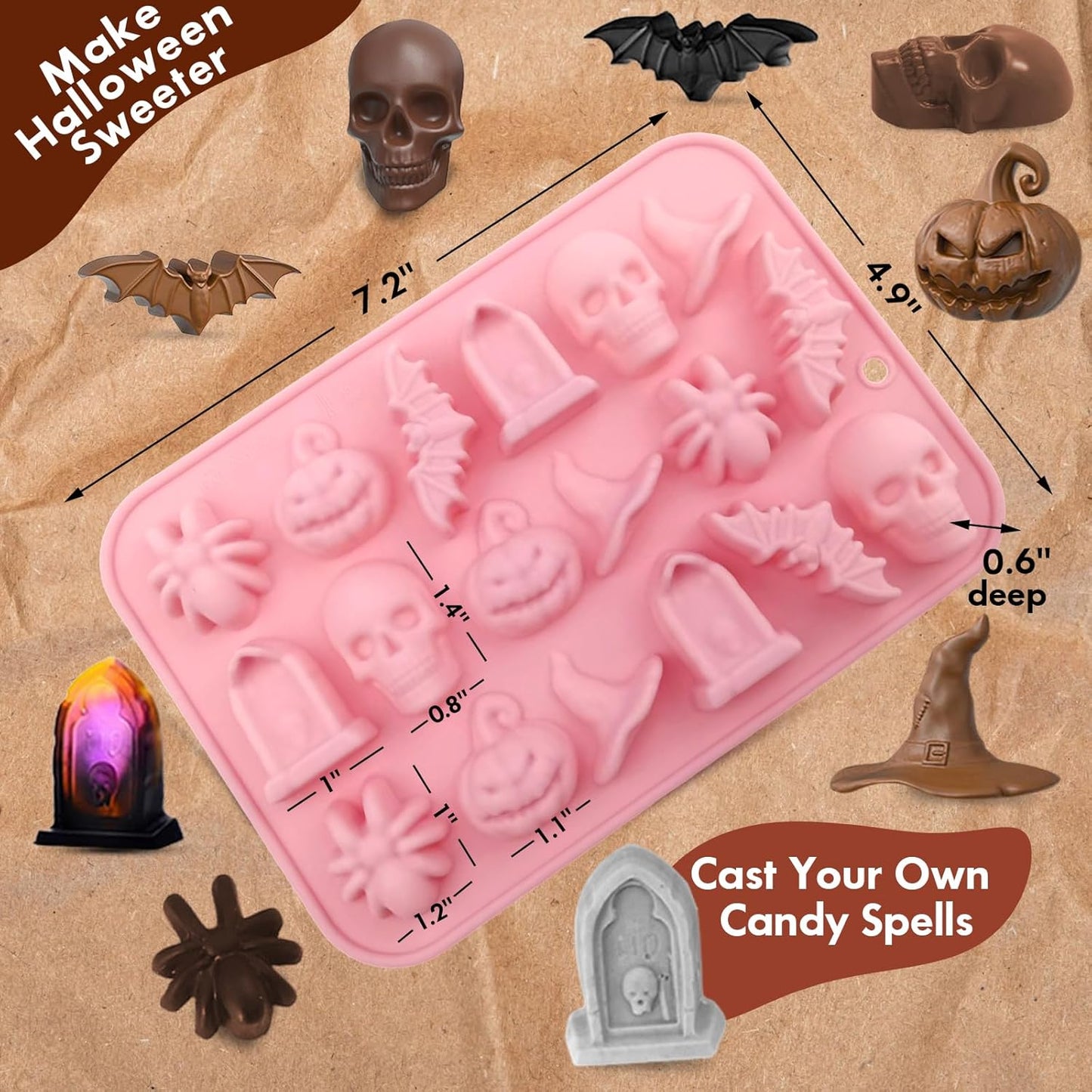 2-Pack Halloween Chocolate Molds, 18-Cavity Spider Skull Silicone Molds + 60 Foil Wrappers – DIY Candy, Chocolate & Treats